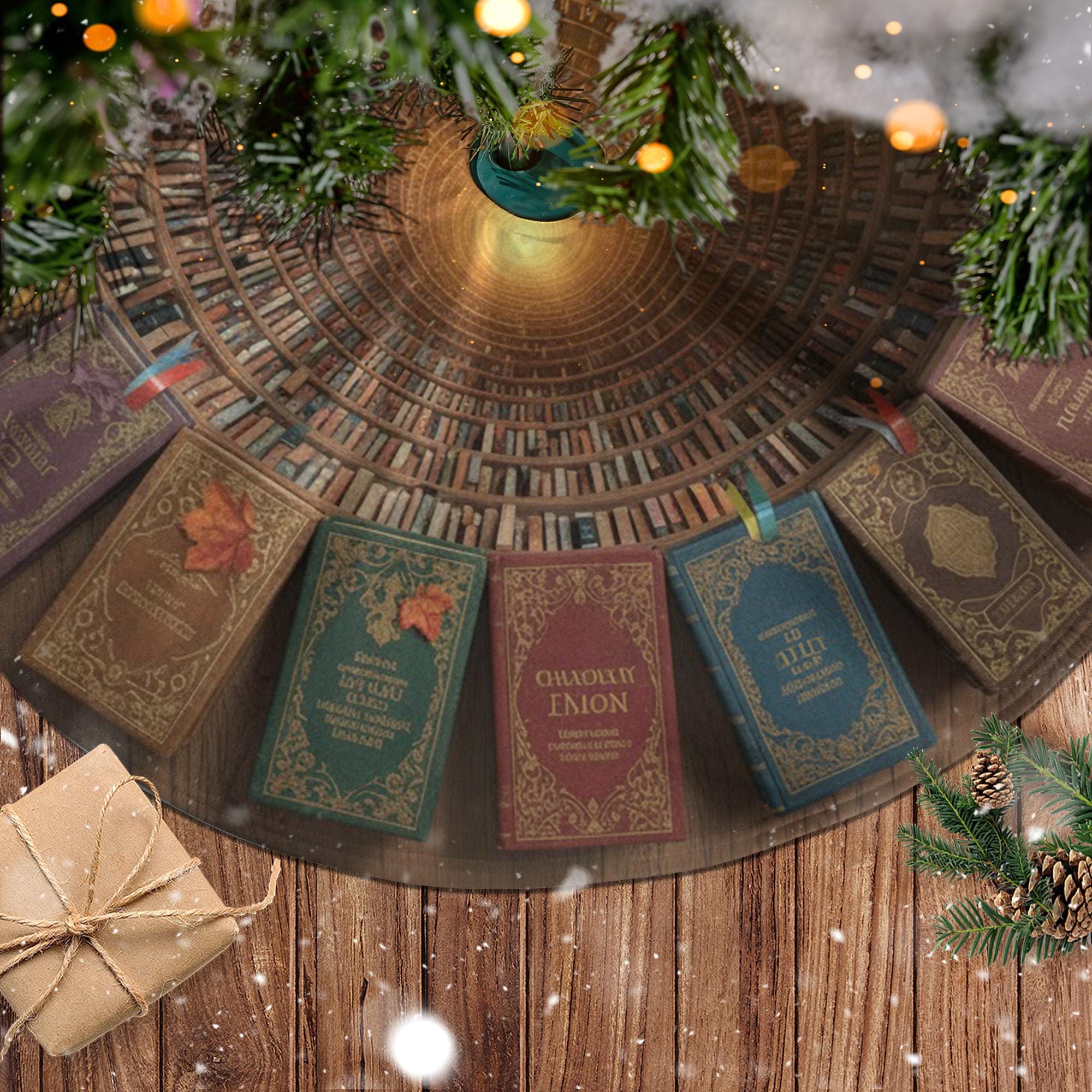 Book Library Christmas Tree Skirt, Vintage Bookshelf Spiral Print, Round Tree Base Cover image 2