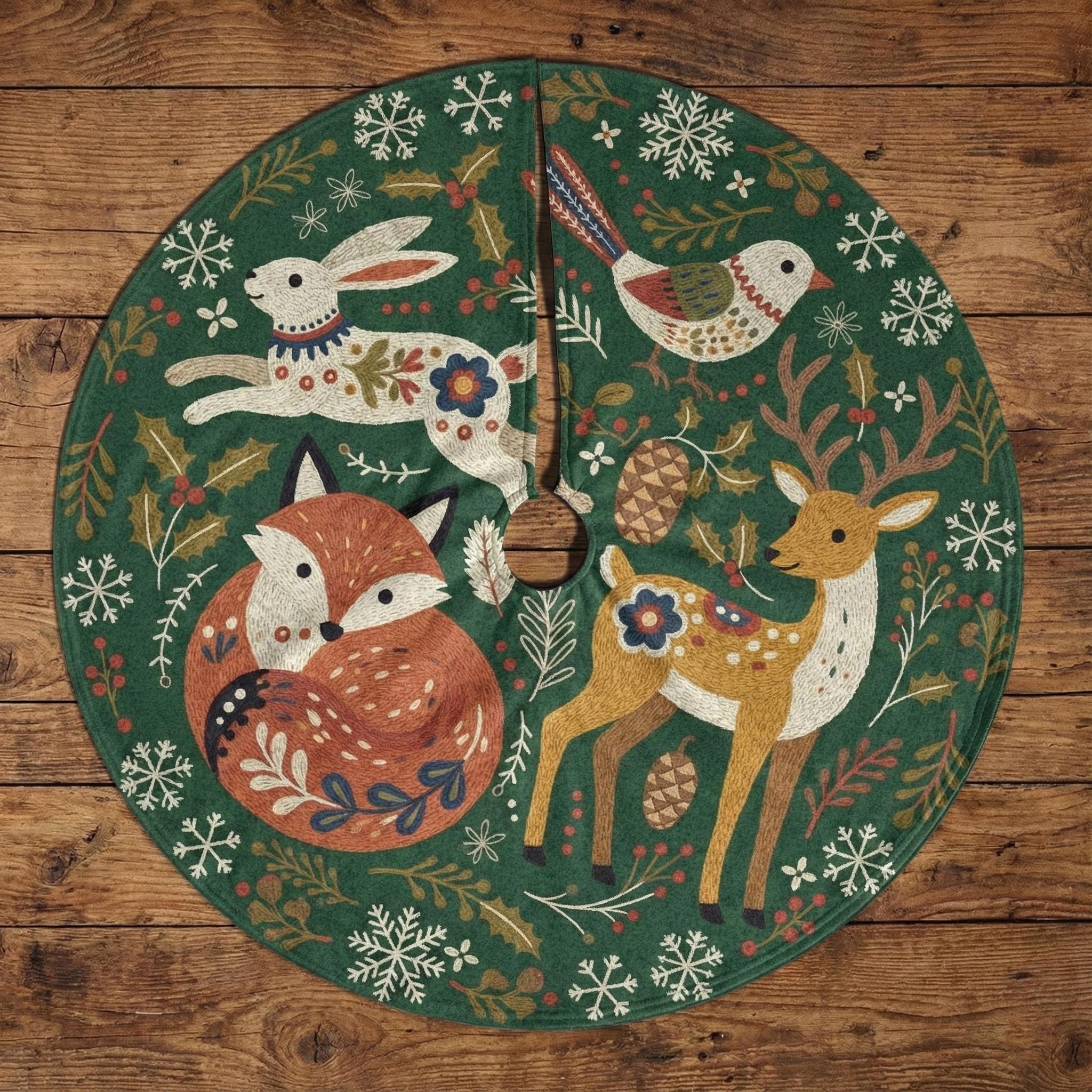Scandinavian Folk Art Tree Skirt: Green Woodland Animal Holiday Decor, Fox Deer Rabbit image 2