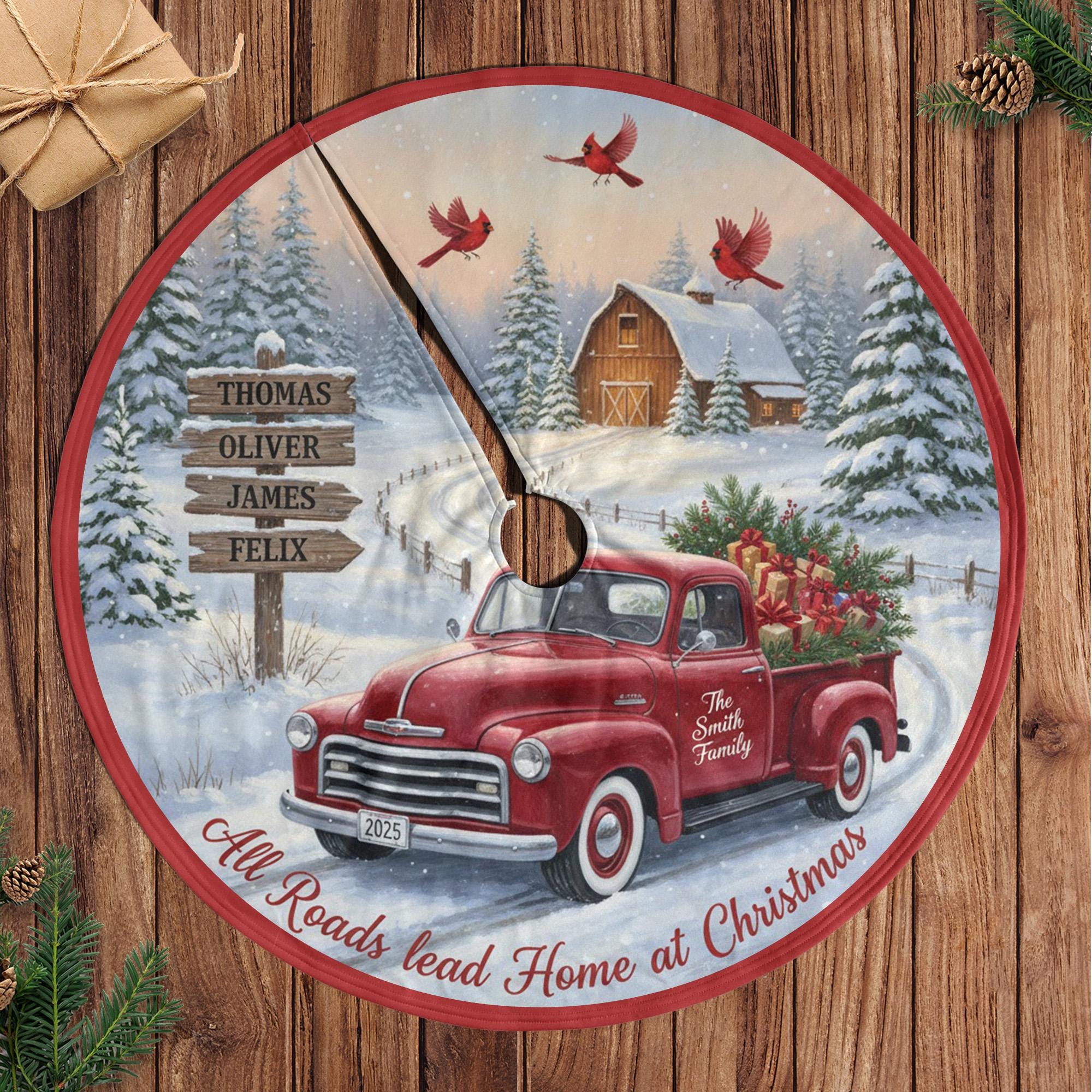 Personalized Christmas Tree Skirt, Red Pickup Truck Snowy Farm Scene, Family Name Signpost image 1