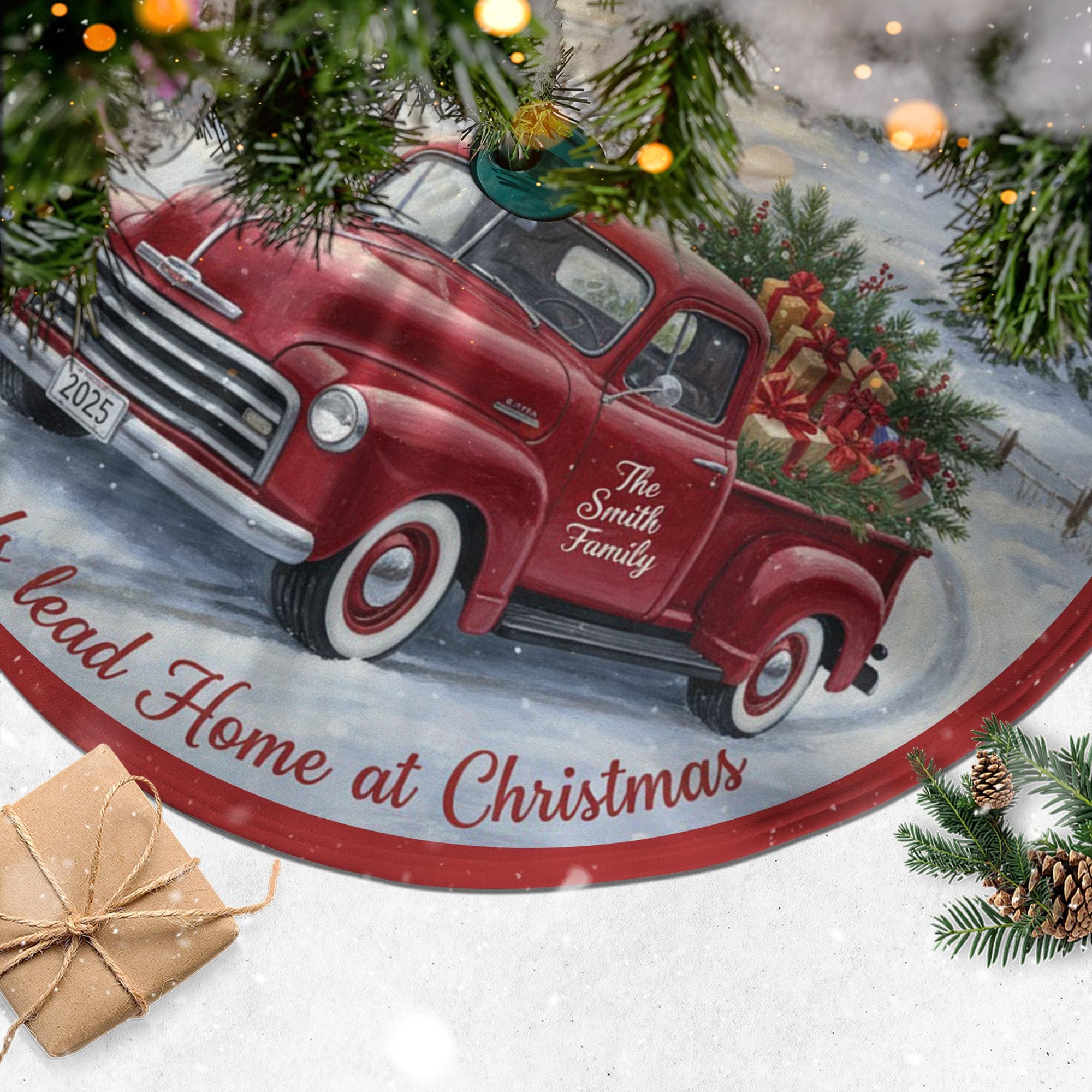 Personalized Christmas Tree Skirt, Red Pickup Truck Snowy Farm Scene, Family Name Signpost image 2