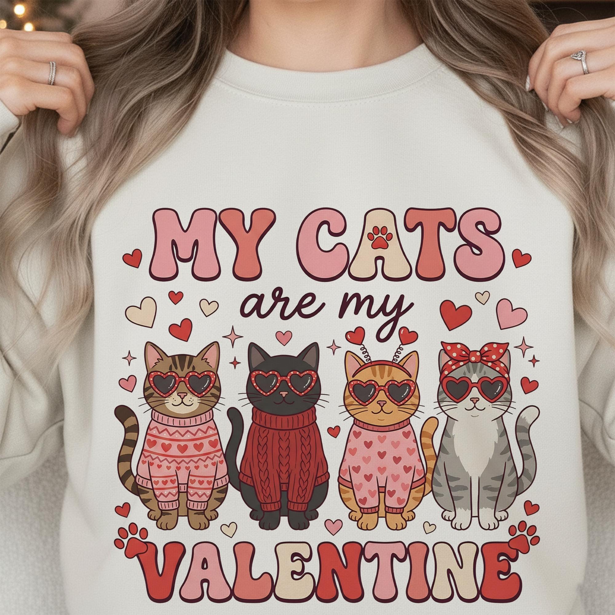 My Cats Are My Valentine Sweatshirt: Retro Cat Mom Crewneck, Unisex Cotton Blend image 2
