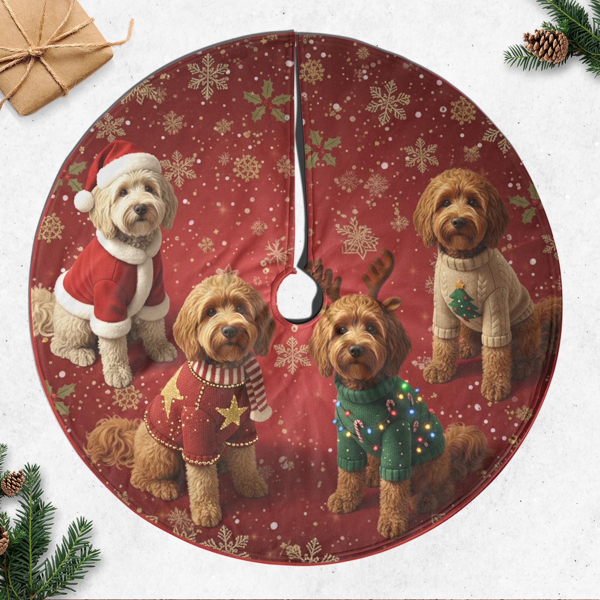 Goldendoodle Christmas Tree Skirt, Red Snowflake Background, Holiday Sweater Dogs image 1