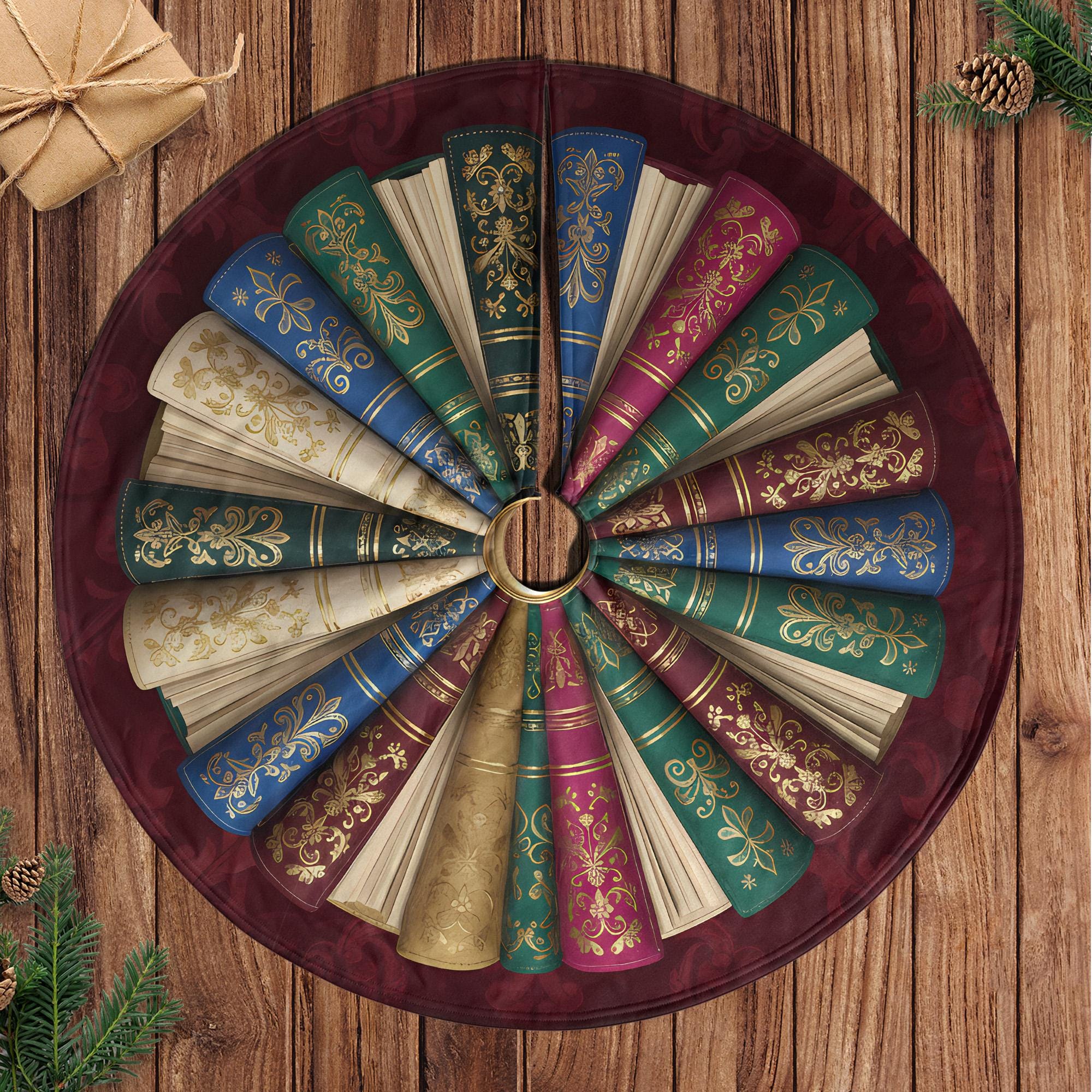 Christmas Tree Skirt Book Spiral Print, Library Bookshelf Decor, Reader Theme Tree Base Cover image 2