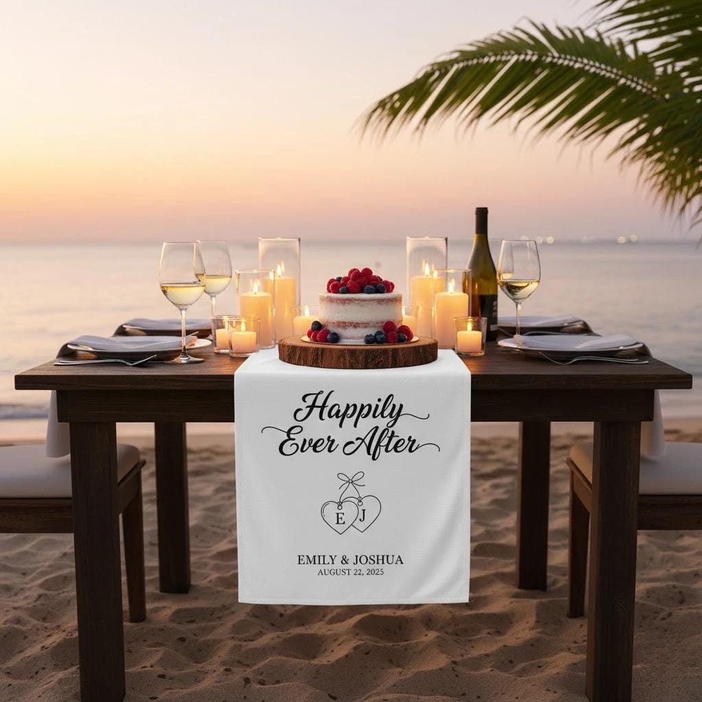 Personalized Cotton Table Runner: Wedding Name Display, Printed, Beach Theme, Decorative image 2