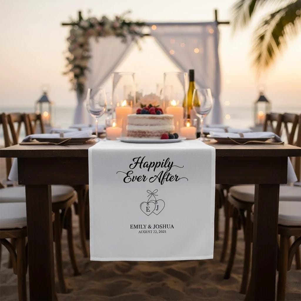 Personalized Cotton Table Runner: Wedding Name Display, Printed, Beach Theme, Decorative image 1
