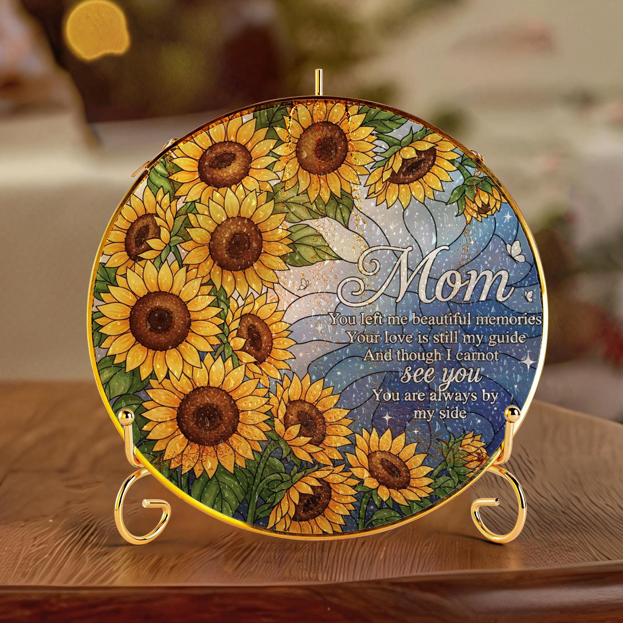 Glass Suncatcher Memorial: Flower Design, Mom Quotes, Celestial, Sentimental With Stand