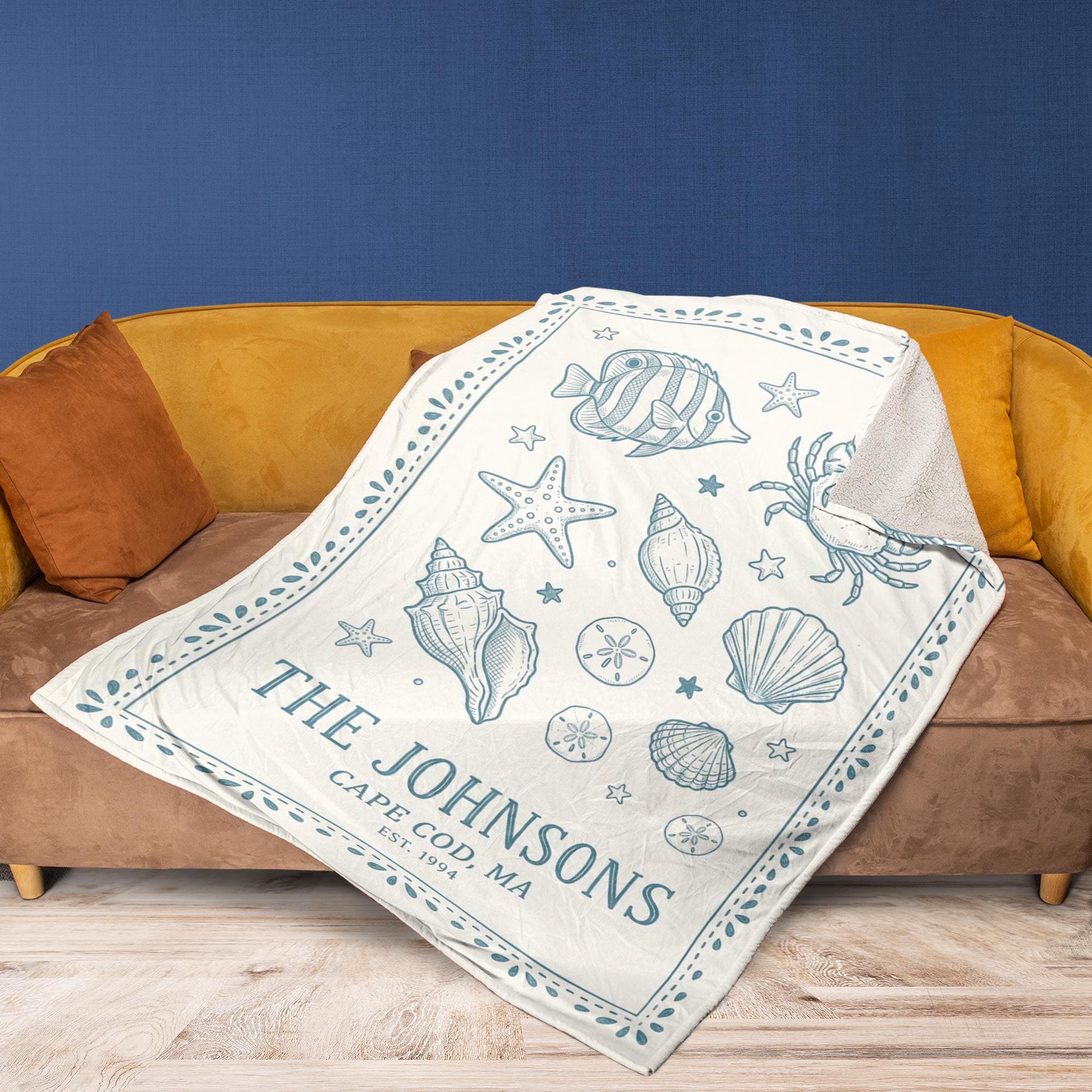 Personalized Fleece Blanket: Coastal Family Name Display, Marine Life, Decorative, Cape Cod Theme image 2