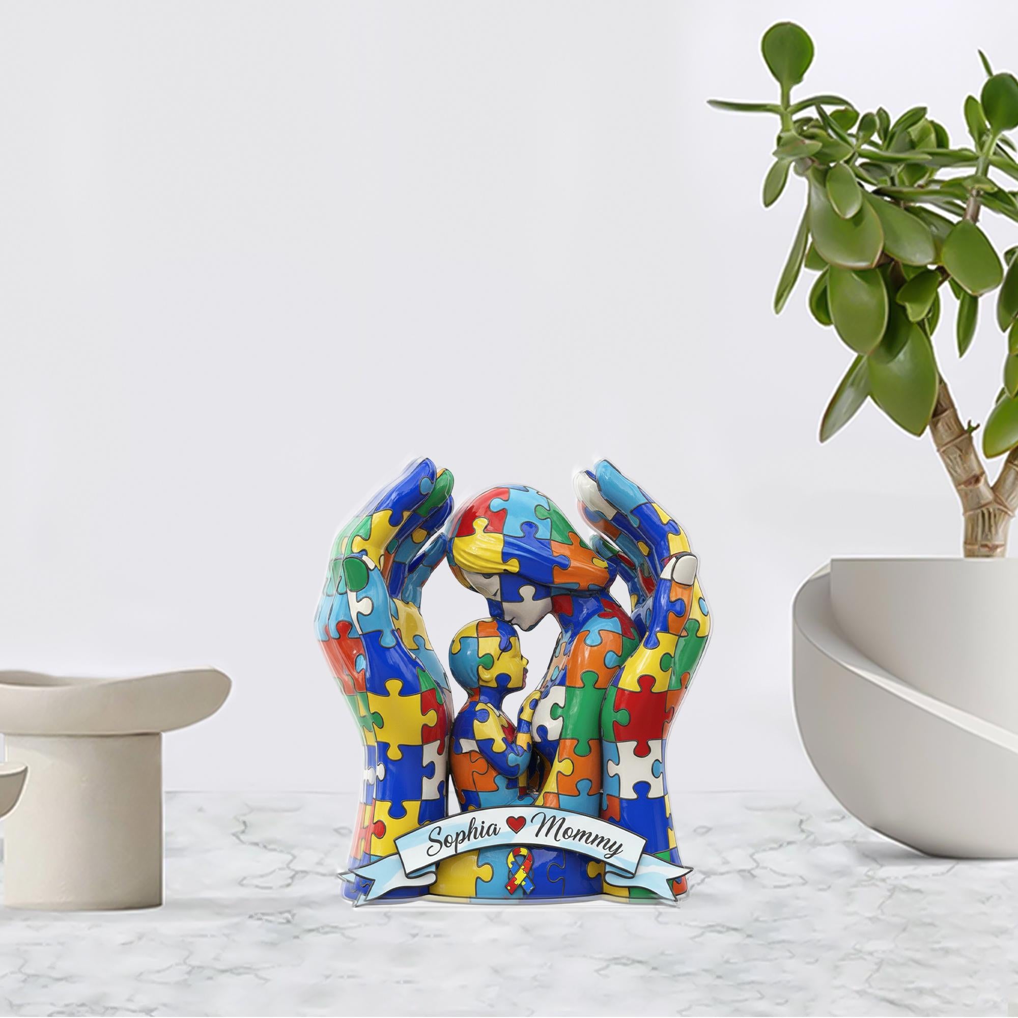 Personalized Autism Puzzle Acrylic Block, Mother and Child Figure Name Plaque image 1