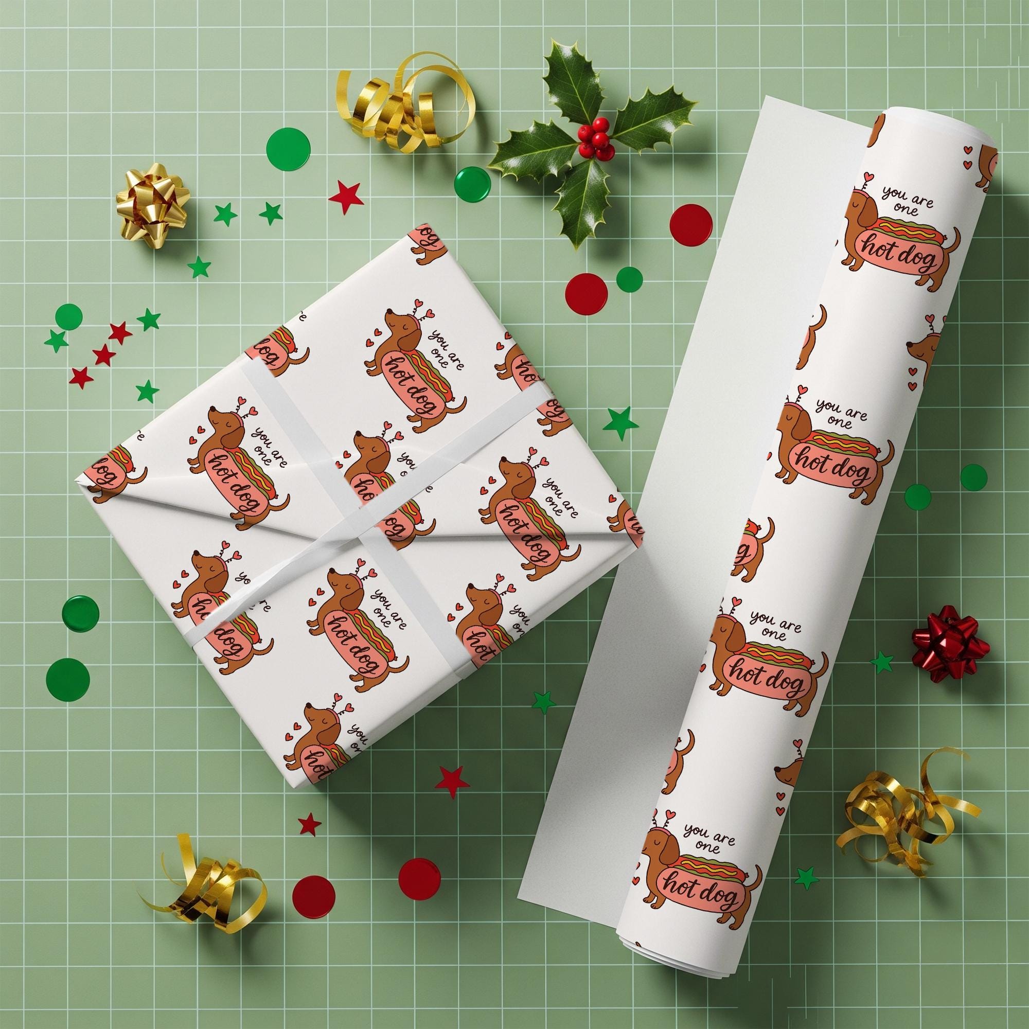 Dachshund Hot Dog Wrapping Paper Roll, Valentine Pattern, Pink Sausage Dog Print image 2