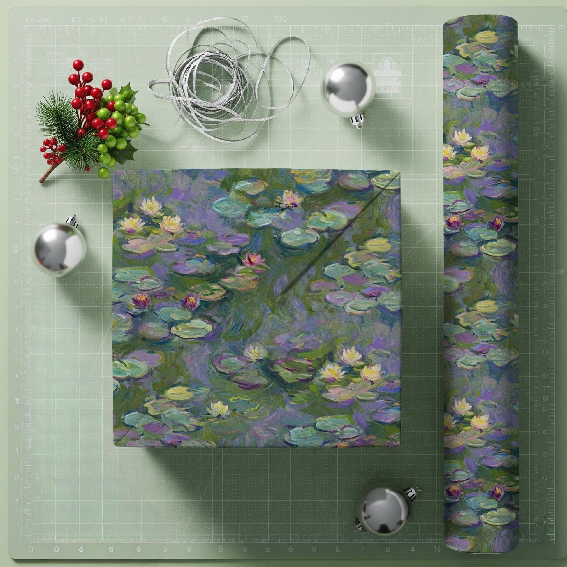 Heavyweight Paper Gift Wrap: Claude Monet Water Lilies Print, Impressionist Floral Green Oil Painting image 1