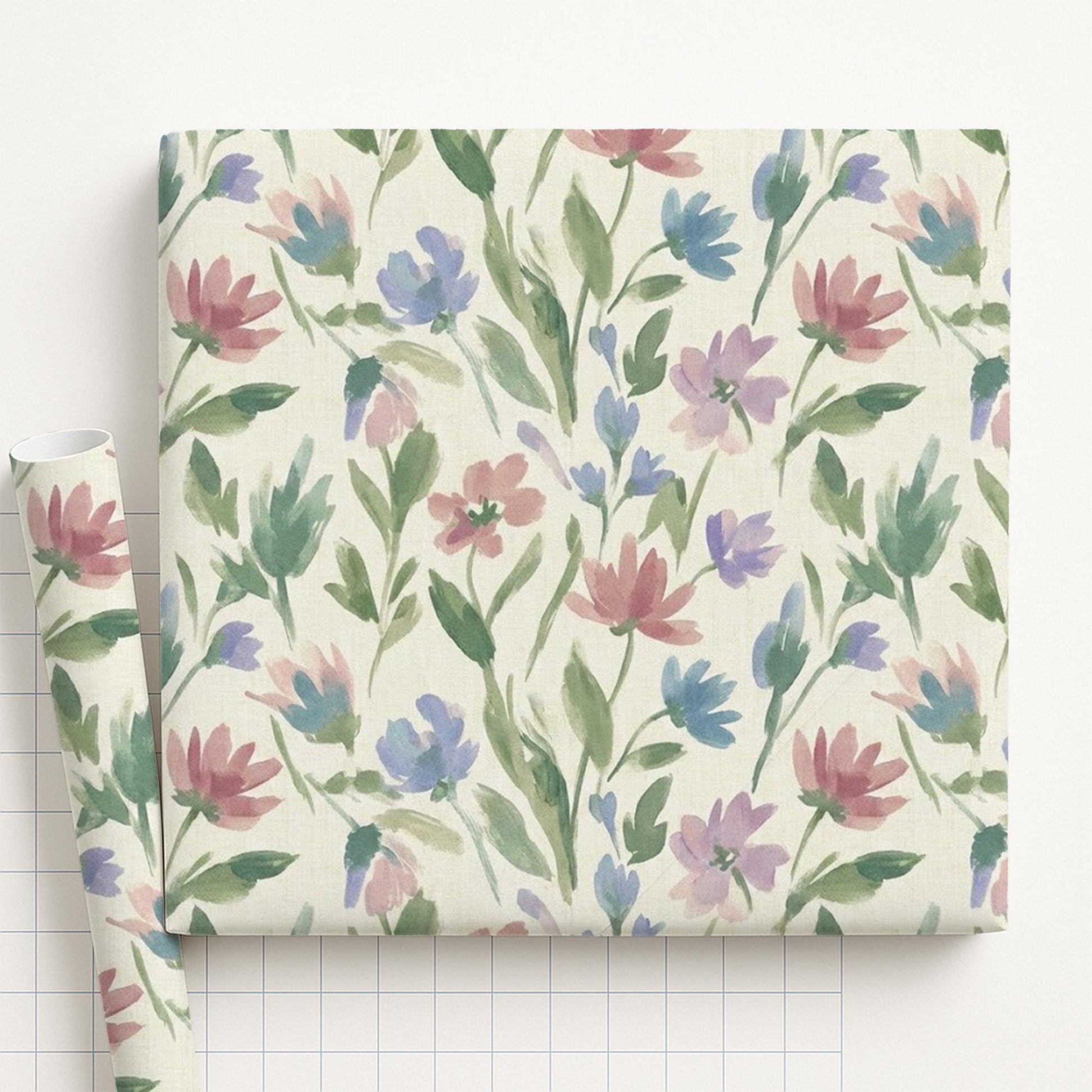 Matte Paper Gift Wrap: Watercolor Wildflower Pattern, Pink and Blue Floral Botanical image 2