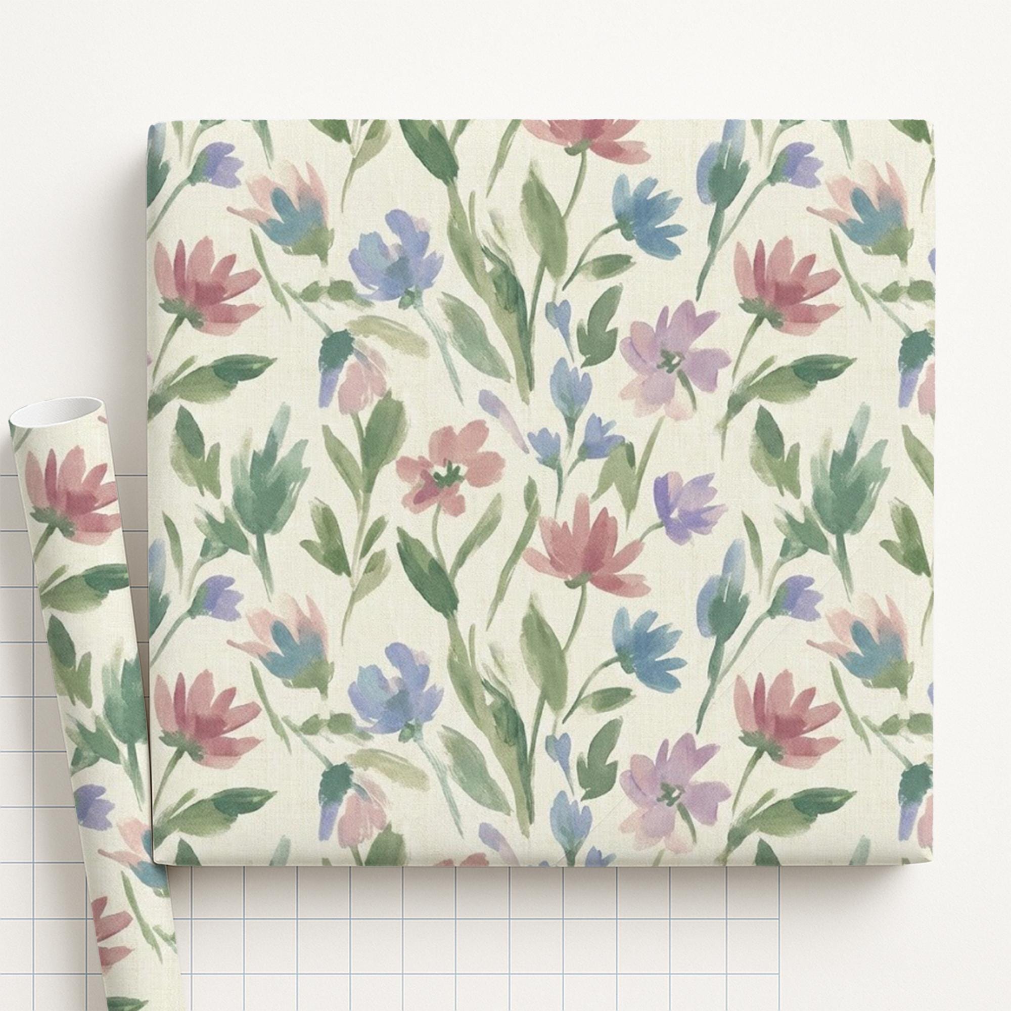 Matte Paper Gift Wrap: Watercolor Wildflower Pattern, Pink and Blue Floral Botanical image 2
