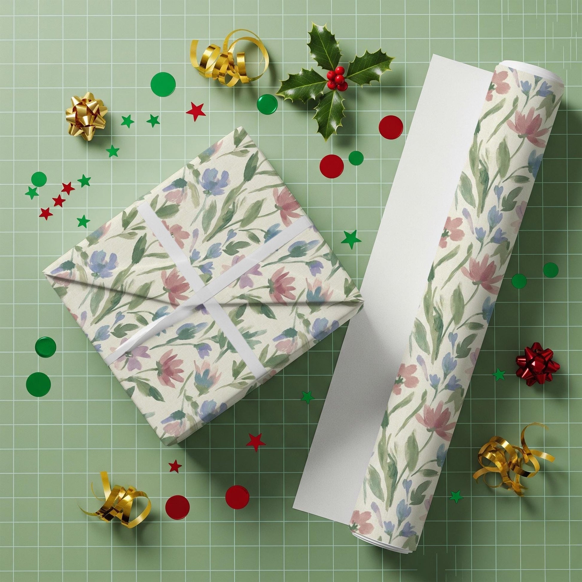 Matte Paper Gift Wrap: Watercolor Wildflower Pattern, Pink and Blue Floral Botanical image 4