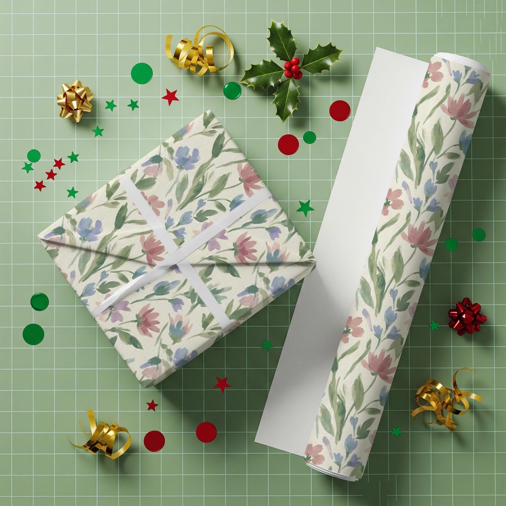 Matte Paper Gift Wrap: Watercolor Wildflower Pattern, Pink and Blue Floral Botanical image 4