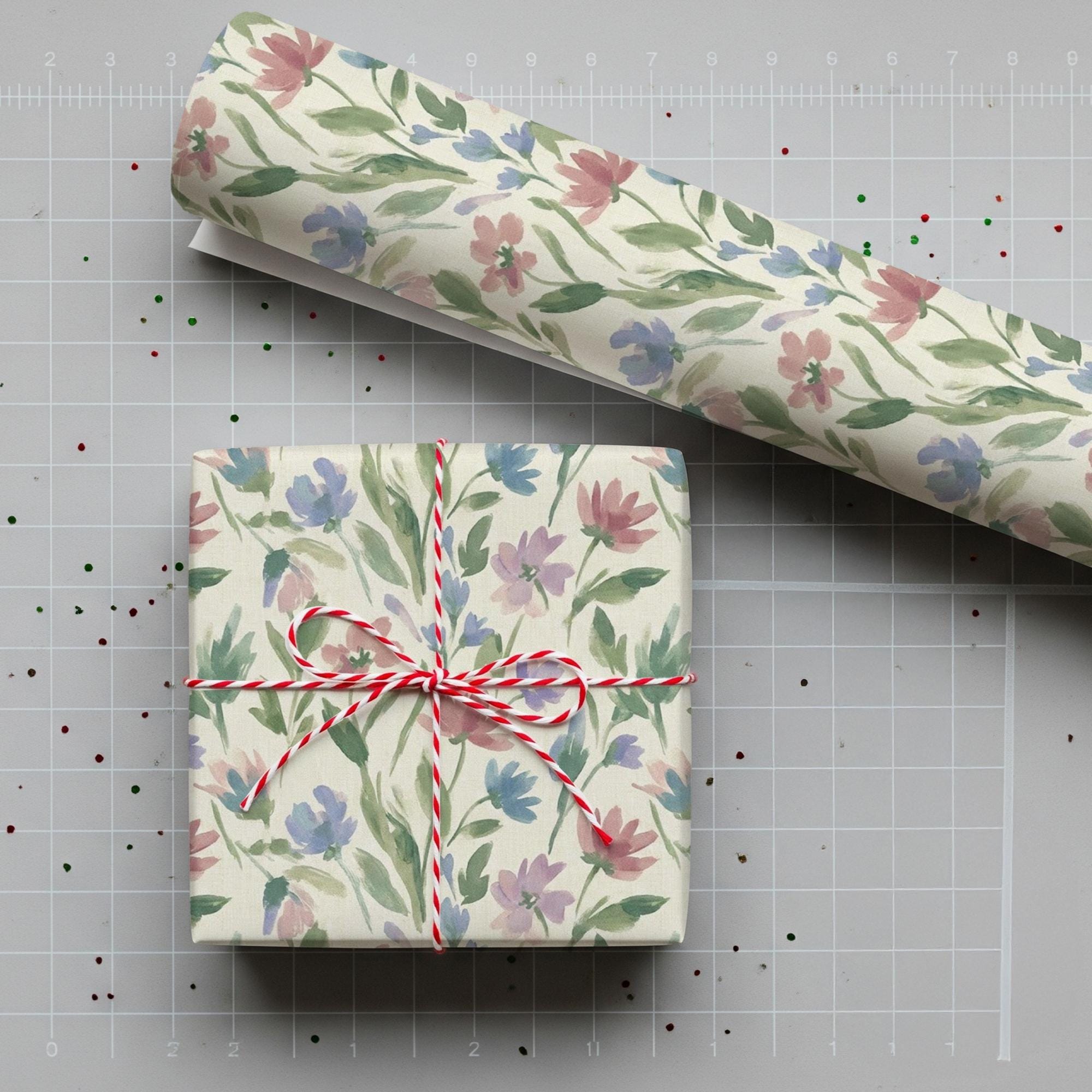 Matte Paper Gift Wrap: Watercolor Wildflower Pattern, Pink and Blue Floral Botanical image 3