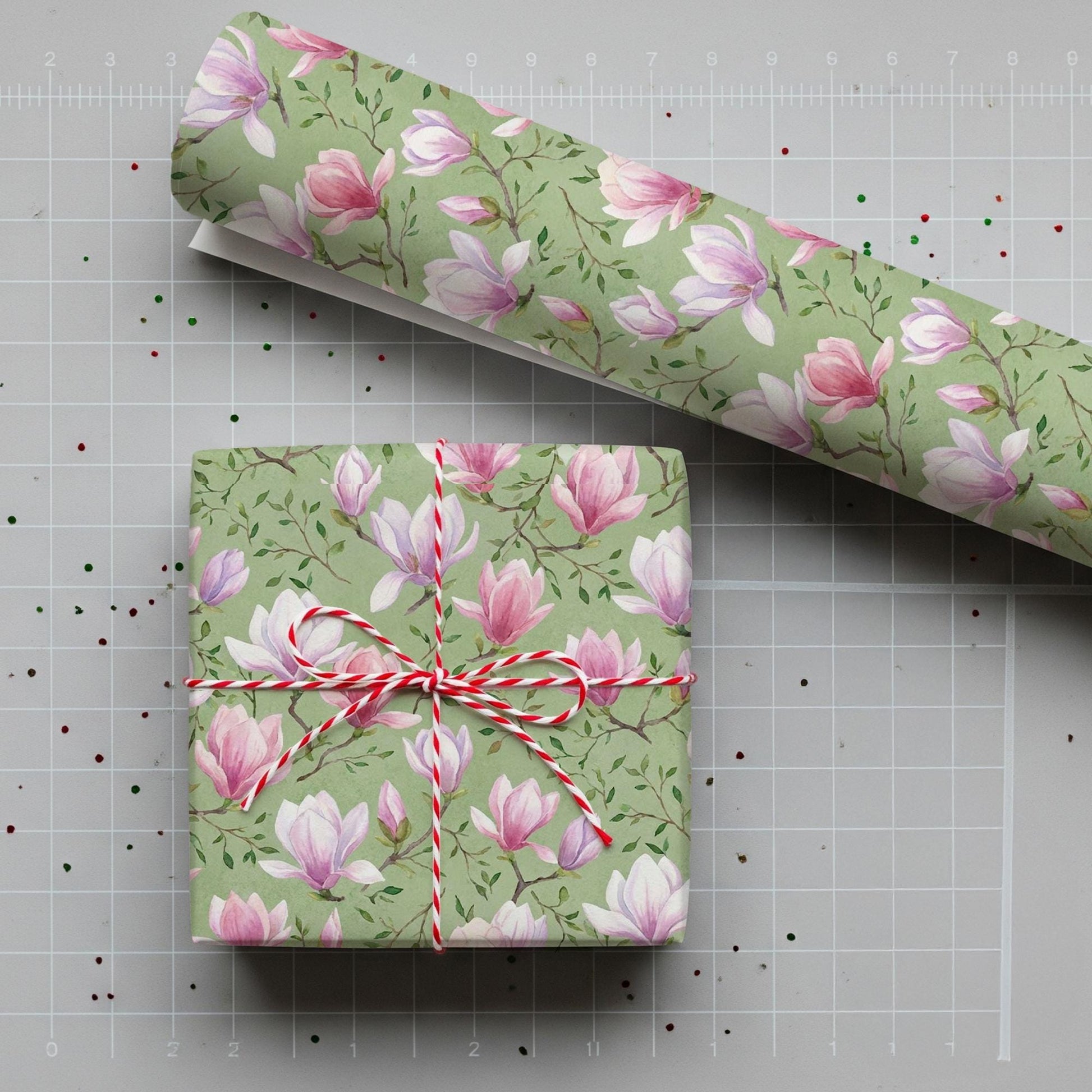 Matte Paper Gift Wrap: Pink Magnolia Flower Pattern, Green Watercolor Botanical image 3