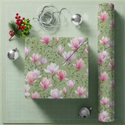 Matte Paper Gift Wrap: Pink Magnolia Flower Pattern, Green Watercolor Botanical image 1