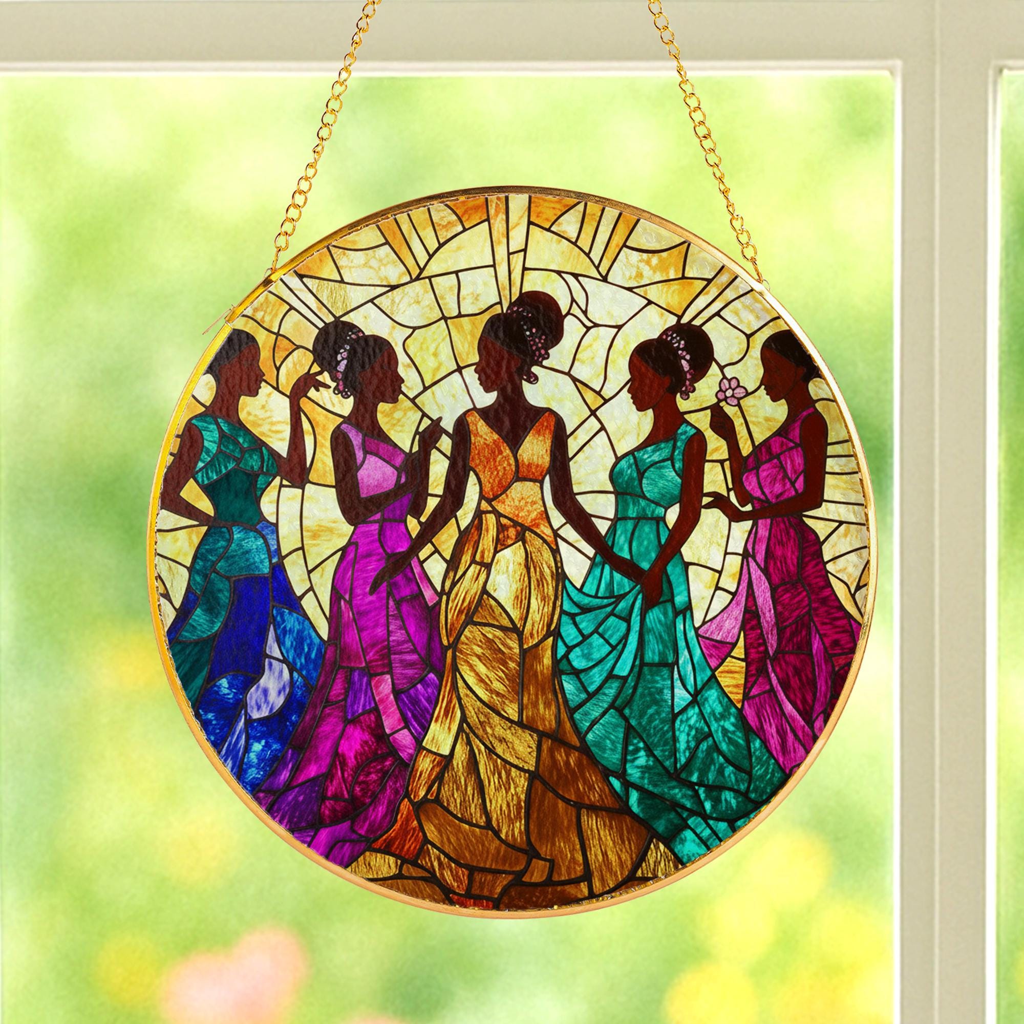 African American Glass Suncatcher: Black History Silhouette Art • Gold Frame Hanging Decor image 1