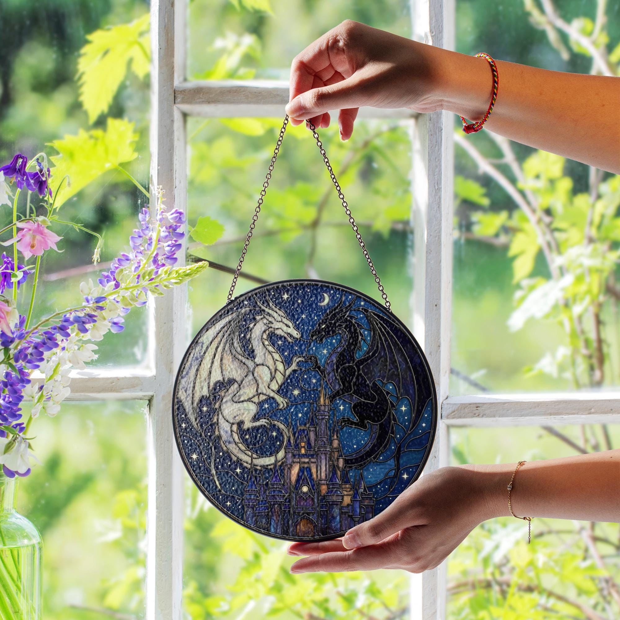 Two Dragons Heart & Castle, Fantasy Night Sky Art Window Hanging image 2