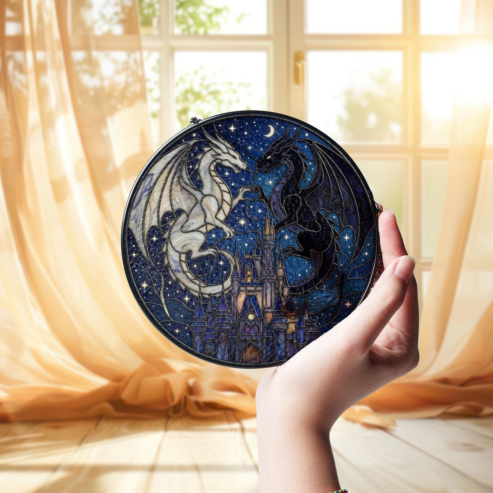 Two Dragons Heart & Castle, Fantasy Night Sky Art Window Hanging image 3