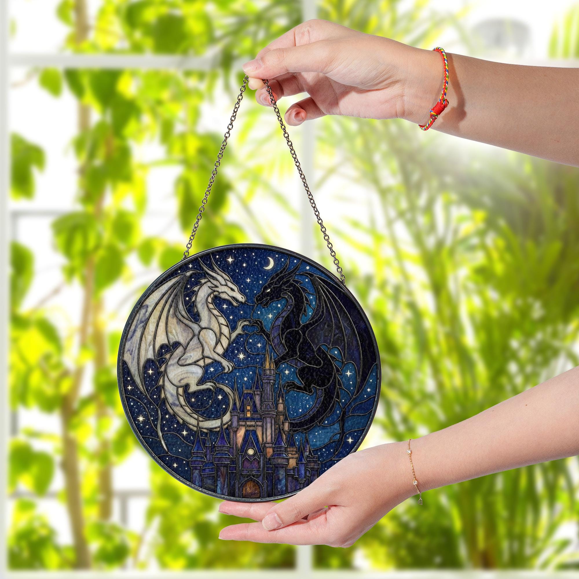 Two Dragons Heart & Castle, Fantasy Night Sky Art Window Hanging image 6