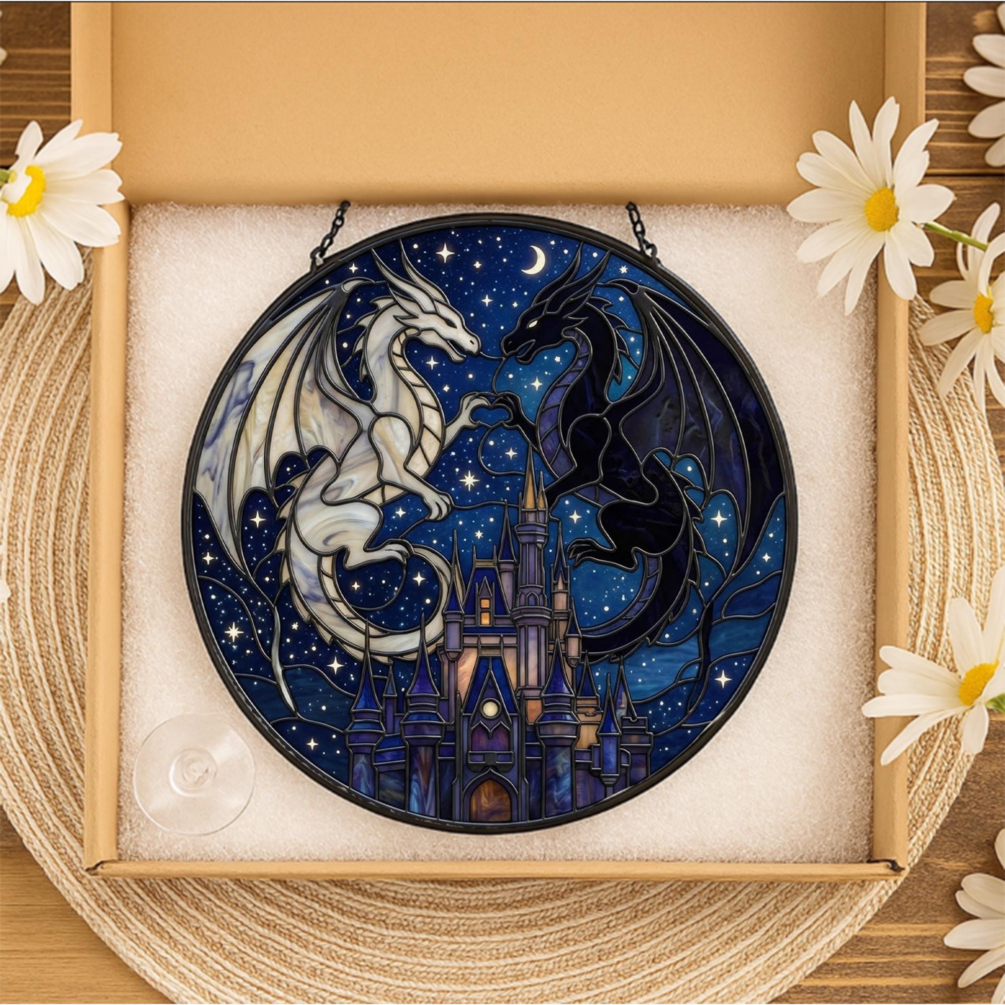 Two Dragons Heart & Castle, Fantasy Night Sky Art Window Hanging image 4