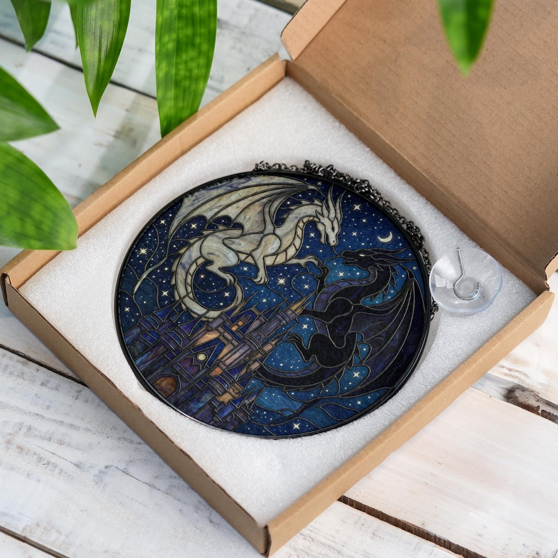 Two Dragons Heart & Castle, Fantasy Night Sky Art Window Hanging image 5