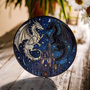Two Dragons Heart & Castle, Fantasy Night Sky Art Window Hanging image 1