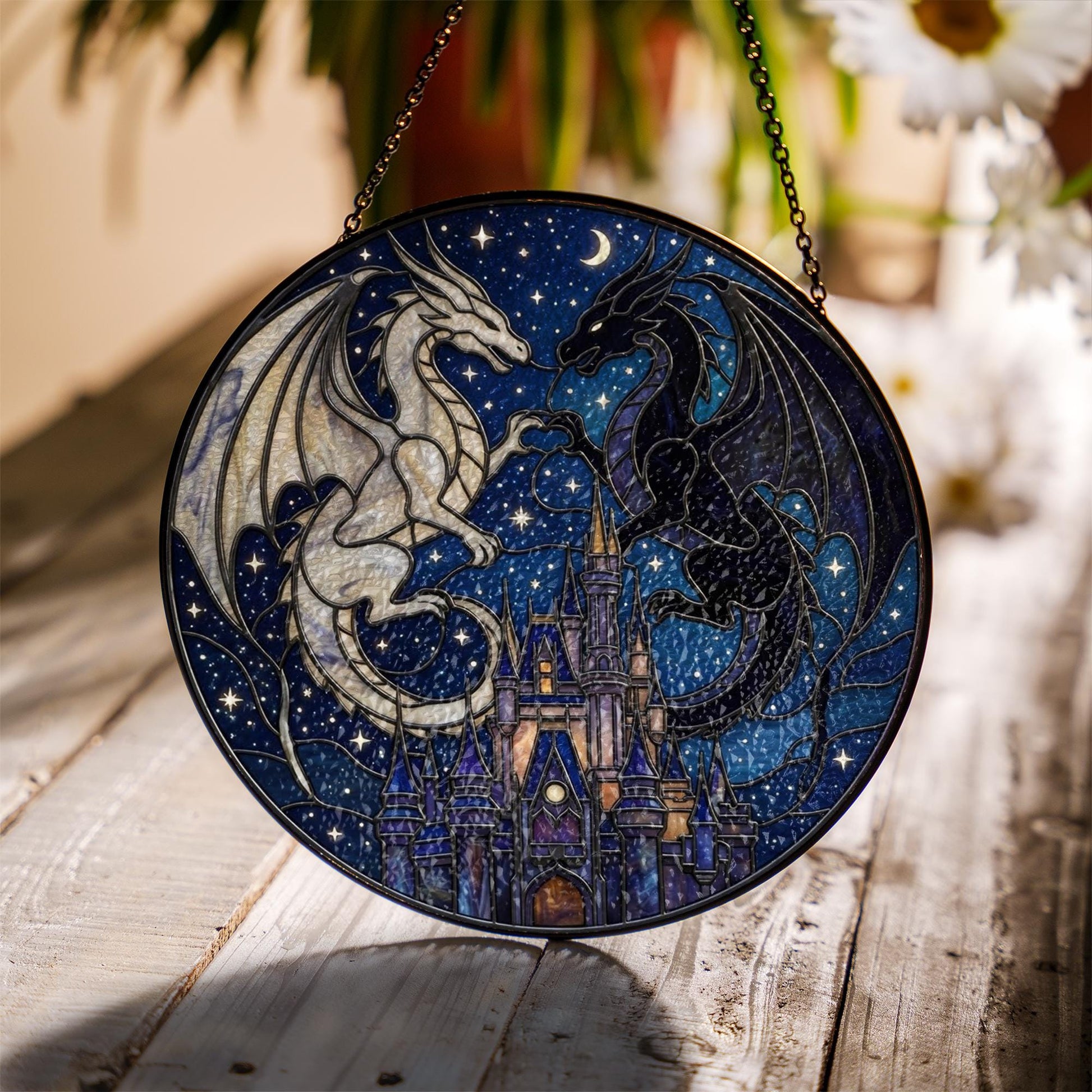 Two Dragons Heart & Castle, Fantasy Night Sky Art Window Hanging image 1