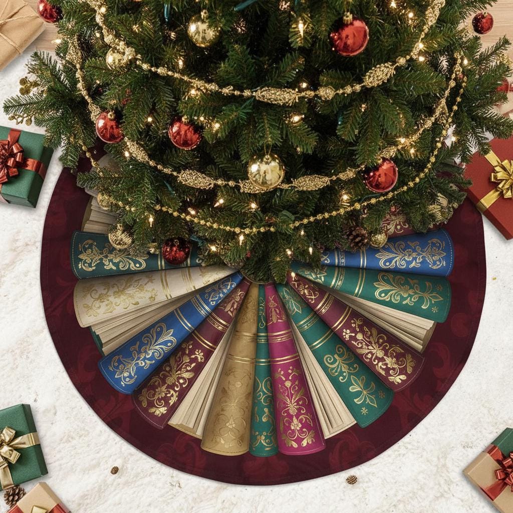 Christmas Tree Skirt Book Spiral Print, Library Bookshelf Decor, Reader Theme Tree Base Cover image 1