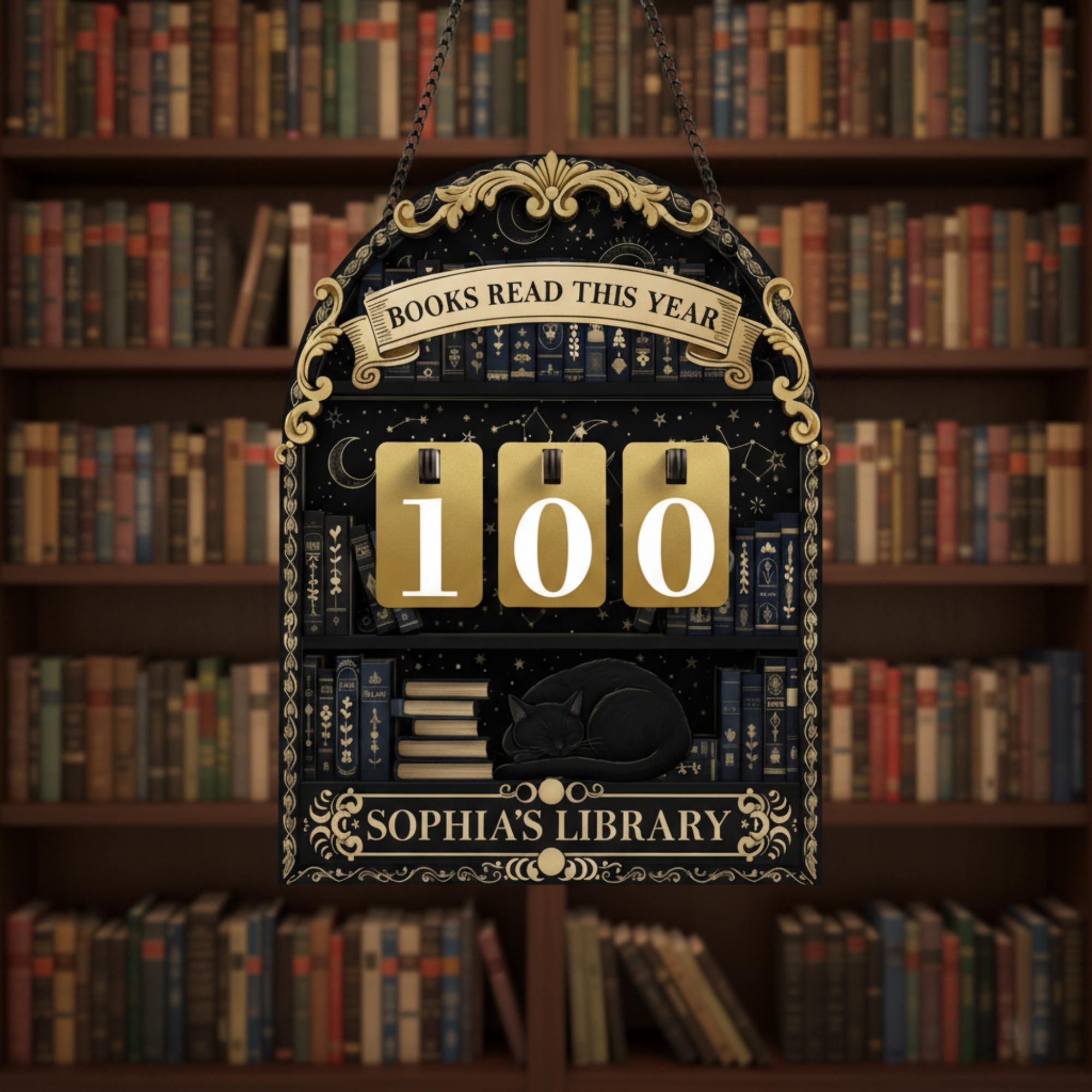 Custom Reading Tracker Wood Sign: Books And Cat Counter Display image 2