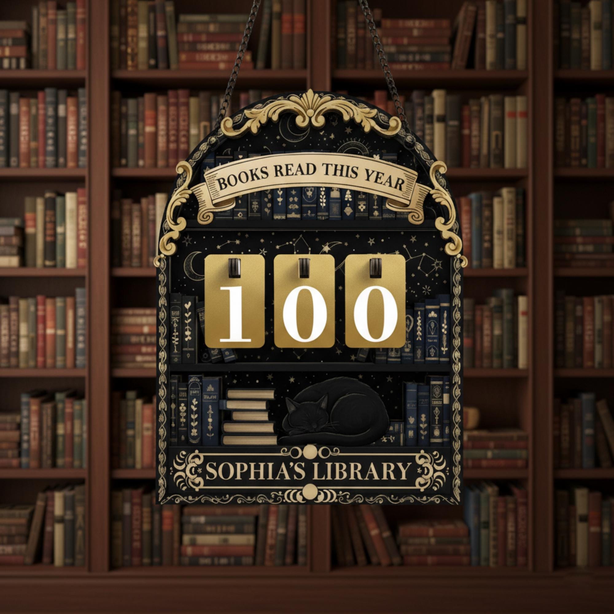 Custom Reading Tracker Wood Sign: Books And Cat Counter Display image 1