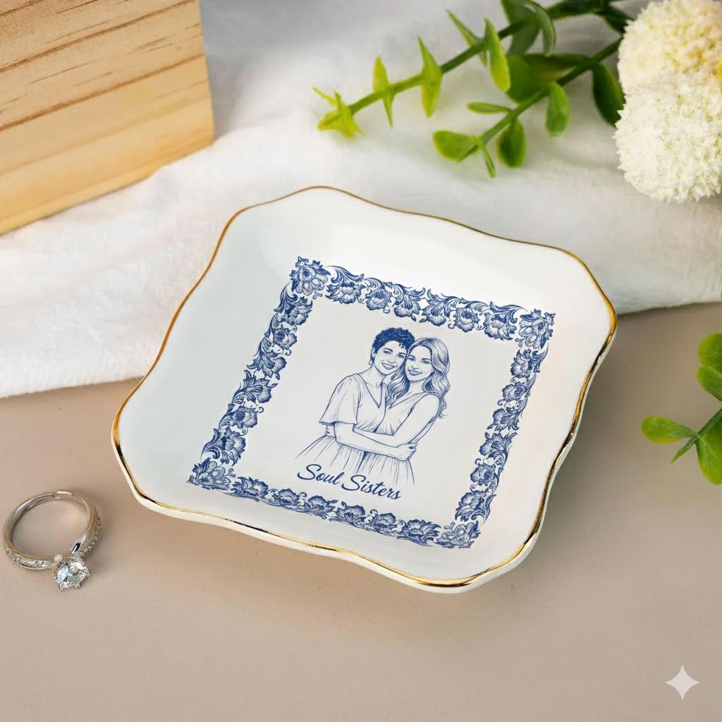 Custom Photo Chinoiserie Jewelry Tray: Personalized Friend Portrait Ceramic Ring Tray image 2