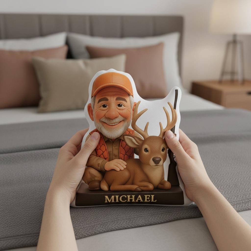 Custom Photo Hunter Plush Pillow with Deer, Personalized Name Character Cushion, Shaped Stuffed Decor image 2