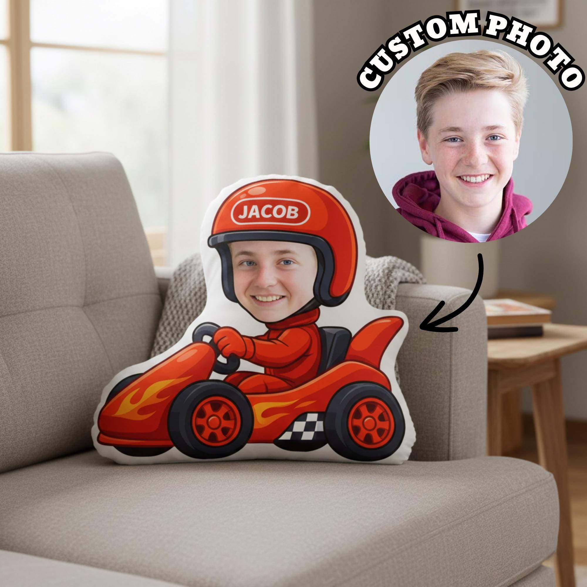Custom Photo Plush Pillow, Kids Racer Character, Personalized Name Helmet image 1