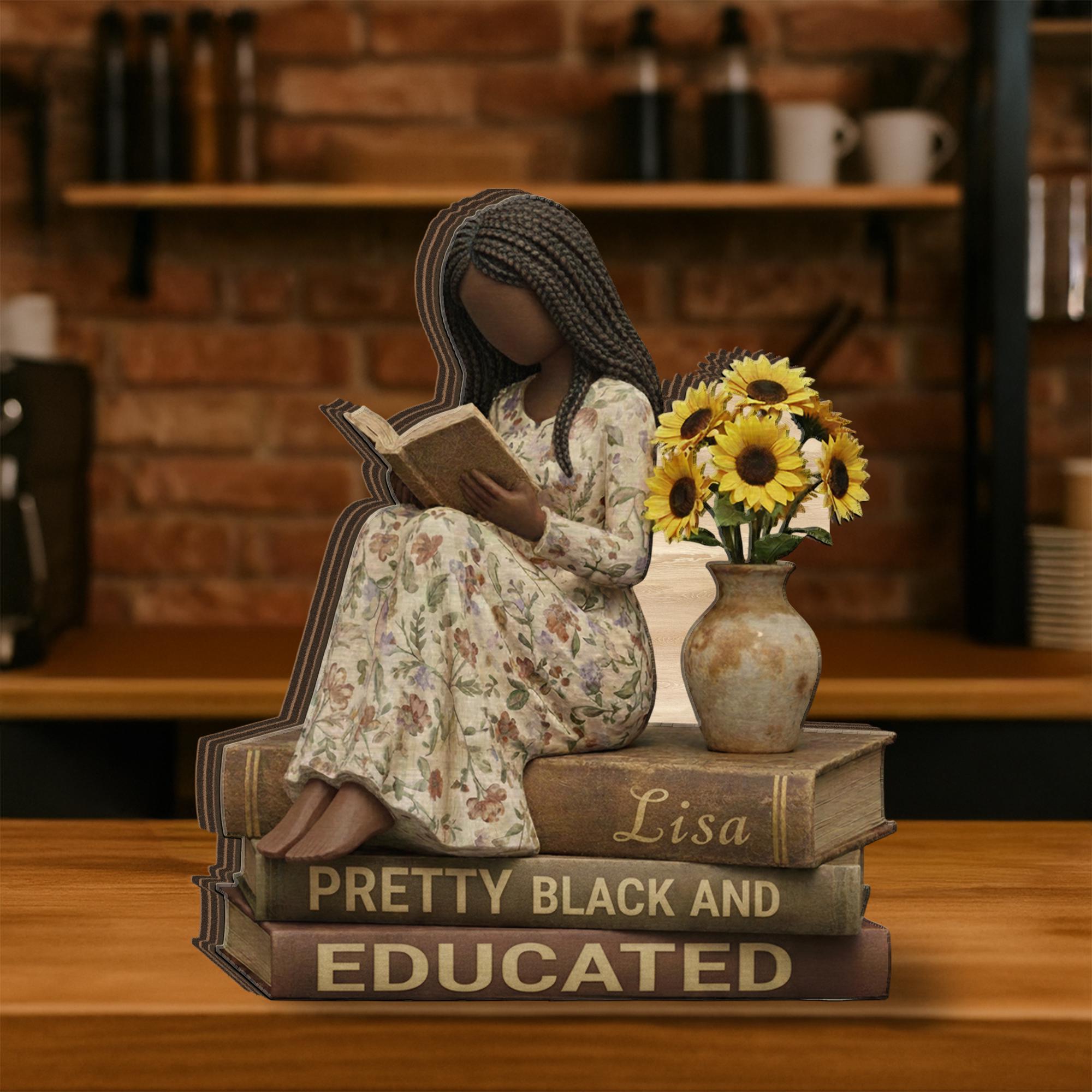 African Woman Reading Wooden Block: Cultural Black Art Display image 2