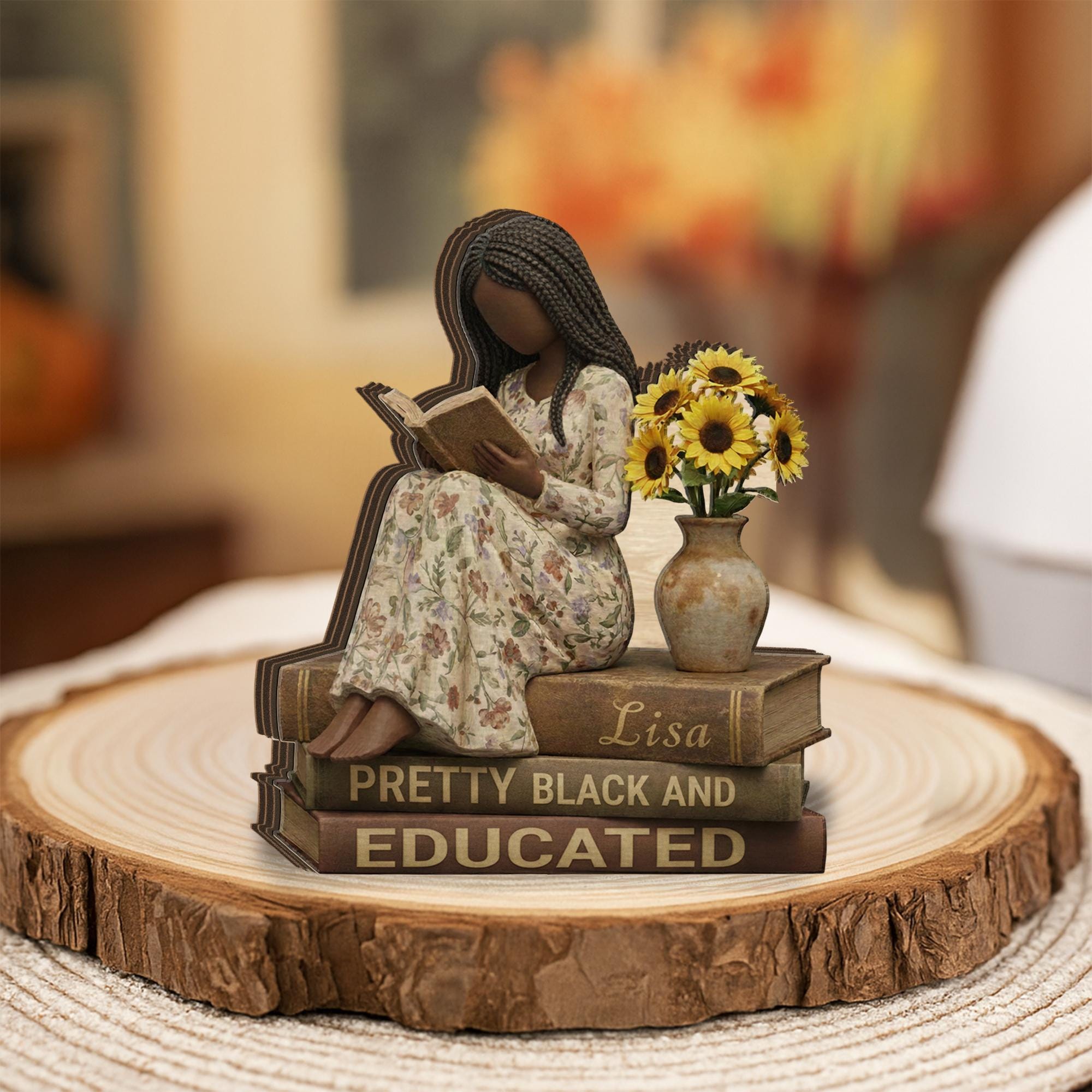 African Woman Reading Wooden Block: Cultural Black Art Display image 1