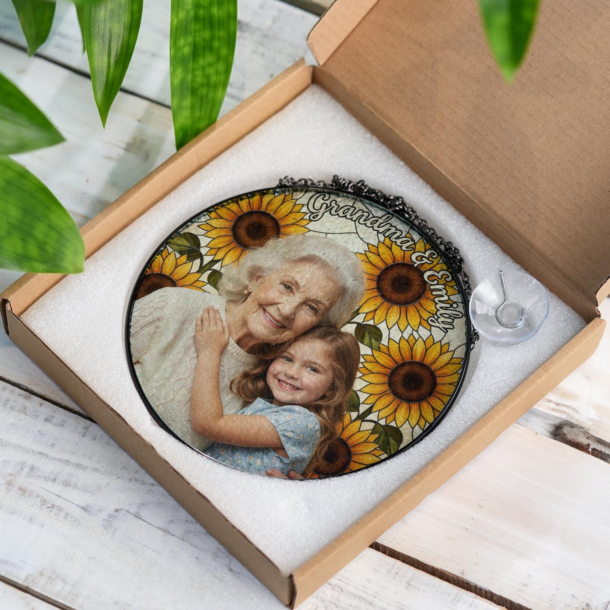 Personalized Glass Suncatcher: Grandma Sunflower Frame with Photo and Names image 5