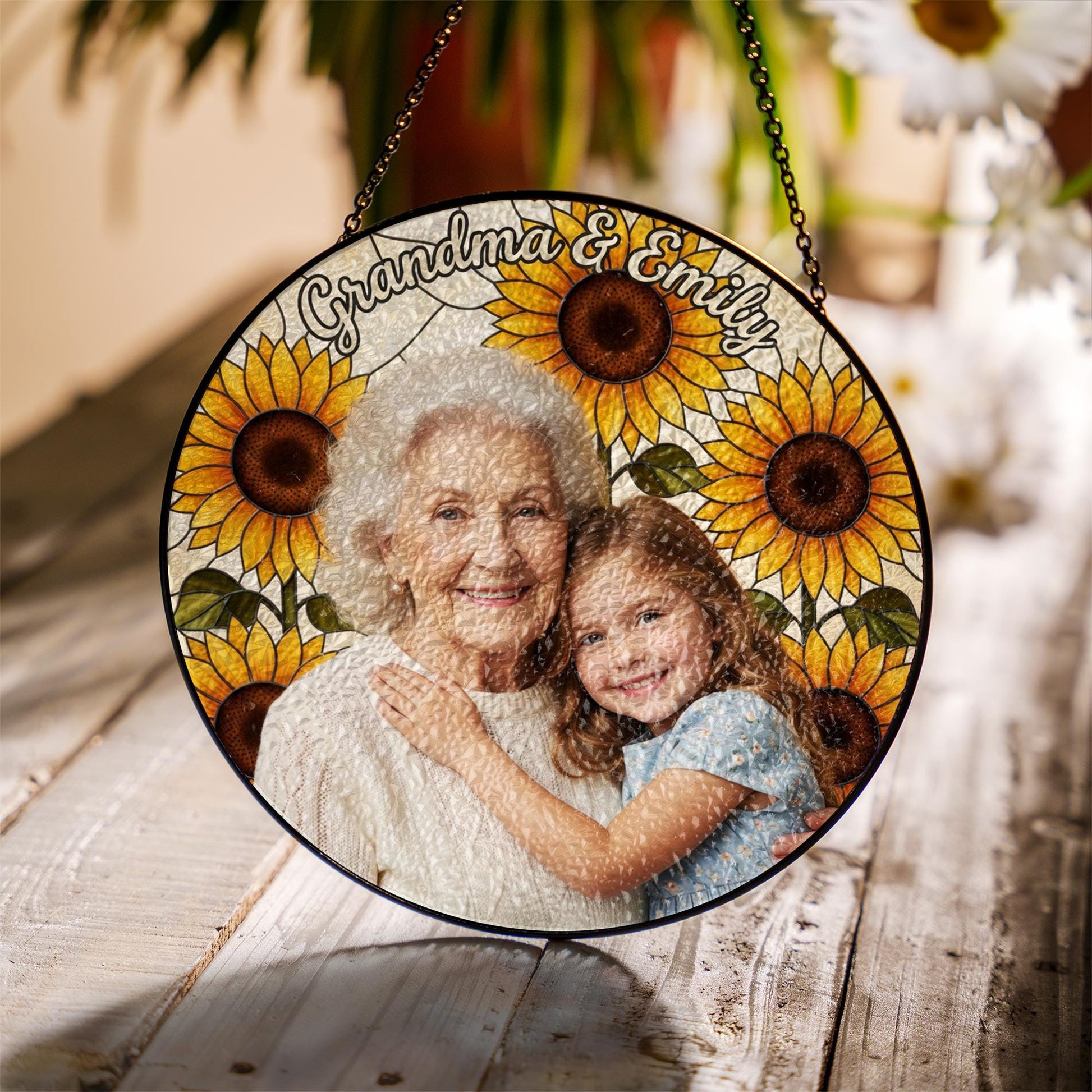 Personalized Glass Suncatcher: Grandma Sunflower Frame with Photo and Names image 1