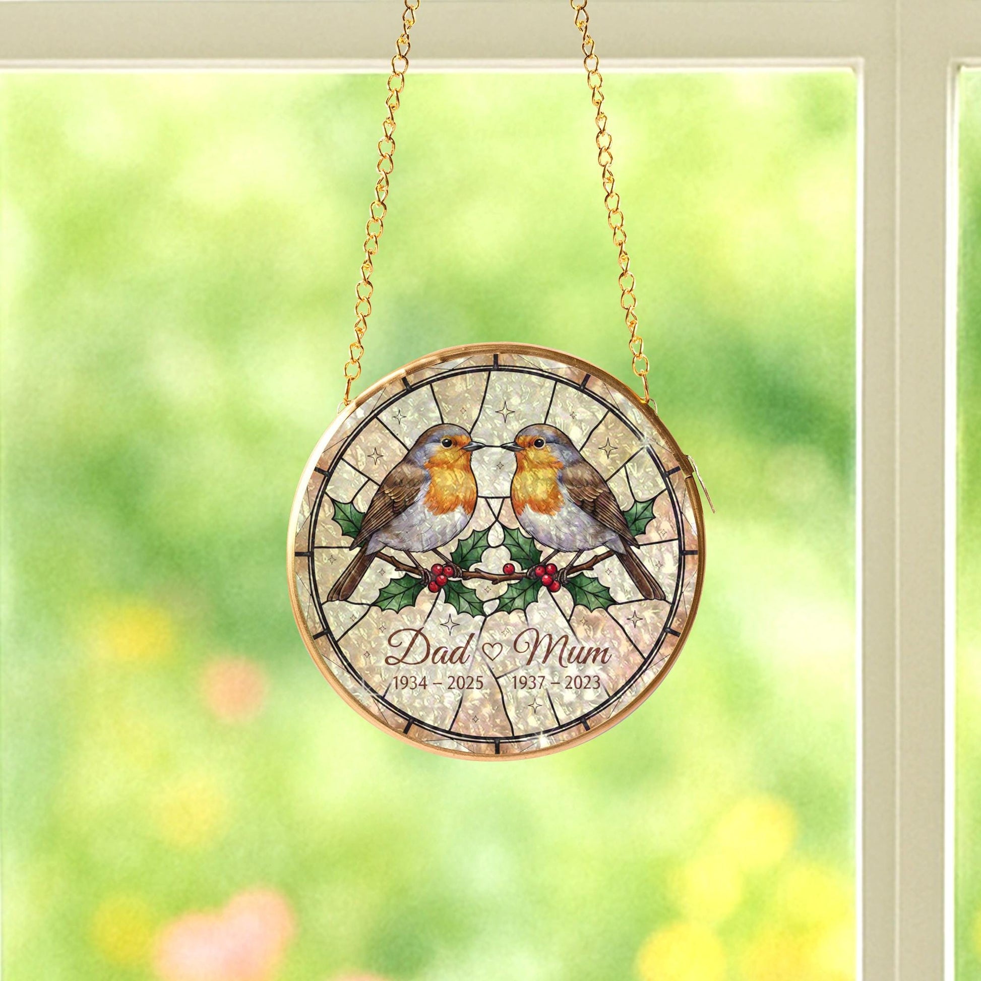 Personalized Glass Suncatcher: Robin Memorial Ornament with Dates and Holly Design image 6