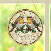 Personalized Glass Suncatcher: Robin Memorial Ornament with Dates and Holly Design Without Stand