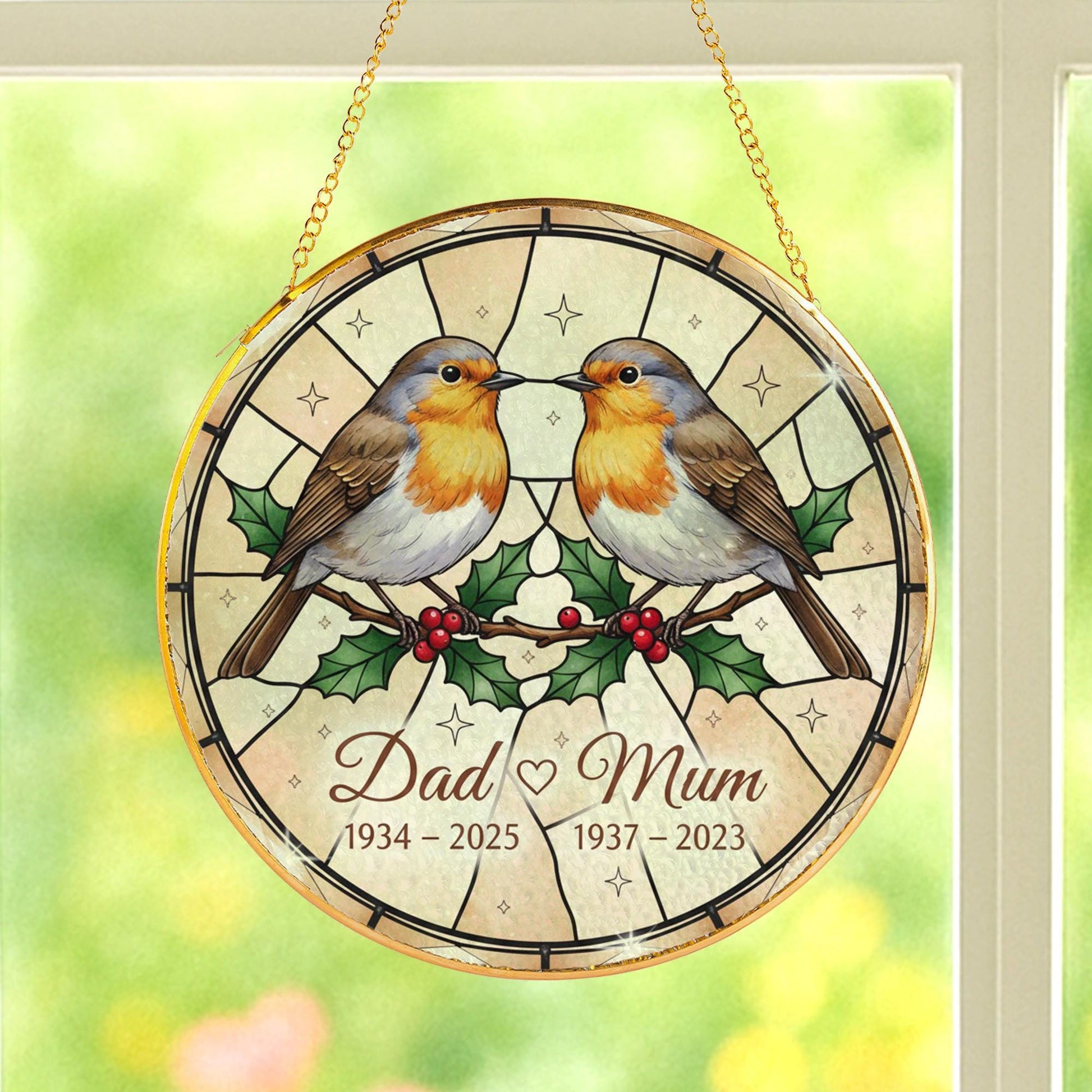 Personalized Glass Suncatcher: Robin Memorial Ornament with Dates and Holly Design Without Stand