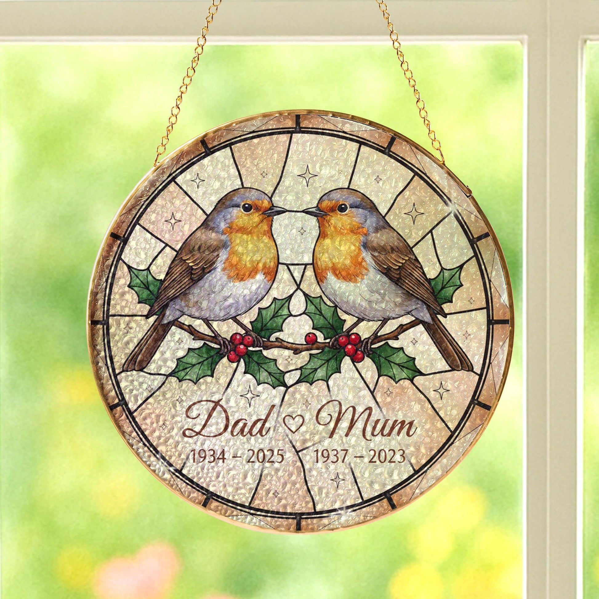 Personalized Glass Suncatcher: Robin Memorial Ornament with Dates and Holly Design image 3