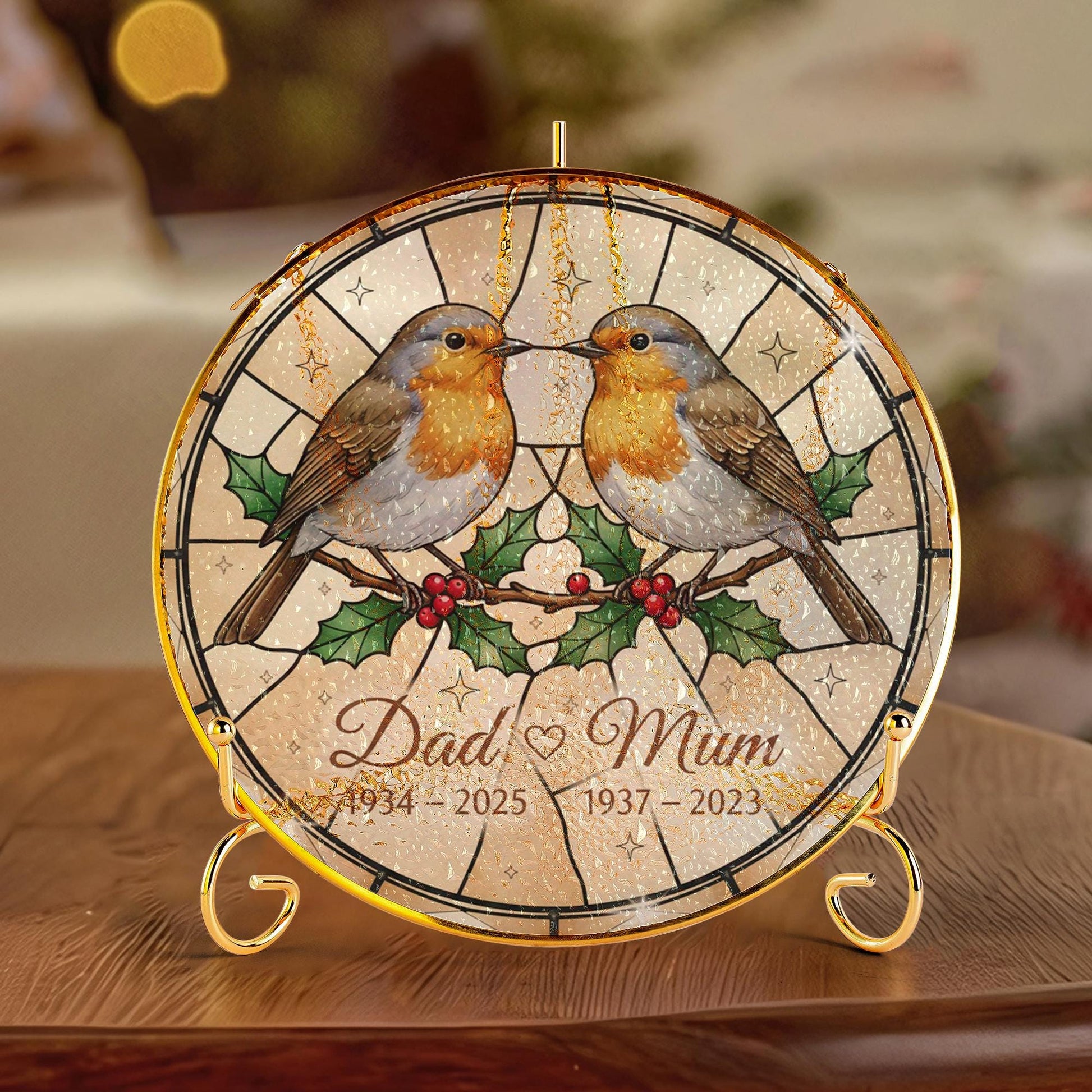 Personalized Glass Suncatcher: Robin Memorial Ornament with Dates and Holly Design With Stand