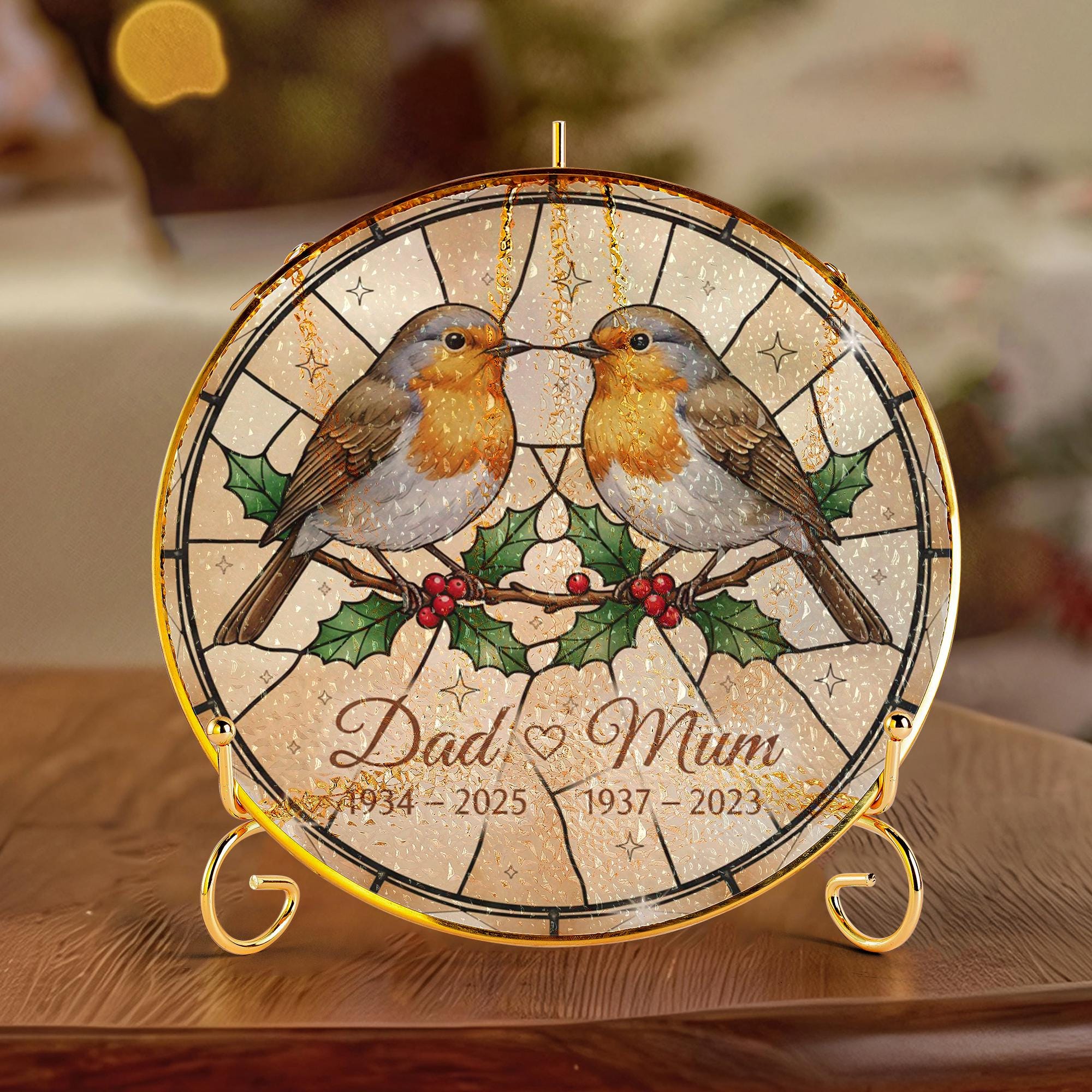 Personalized Glass Suncatcher: Robin Memorial Ornament with Dates and Holly Design With Stand