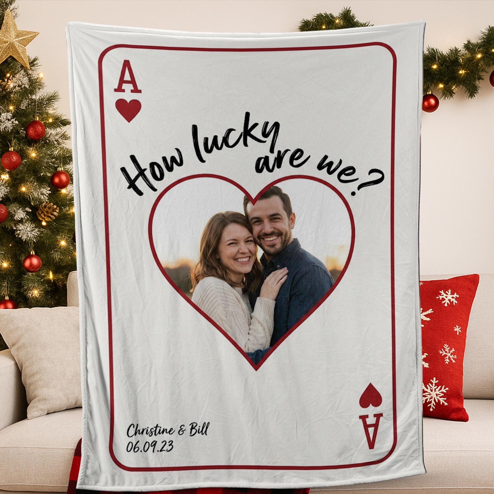 Personalized Fleece Blanket: Playing Card Design with Couple Photo and Date image 1