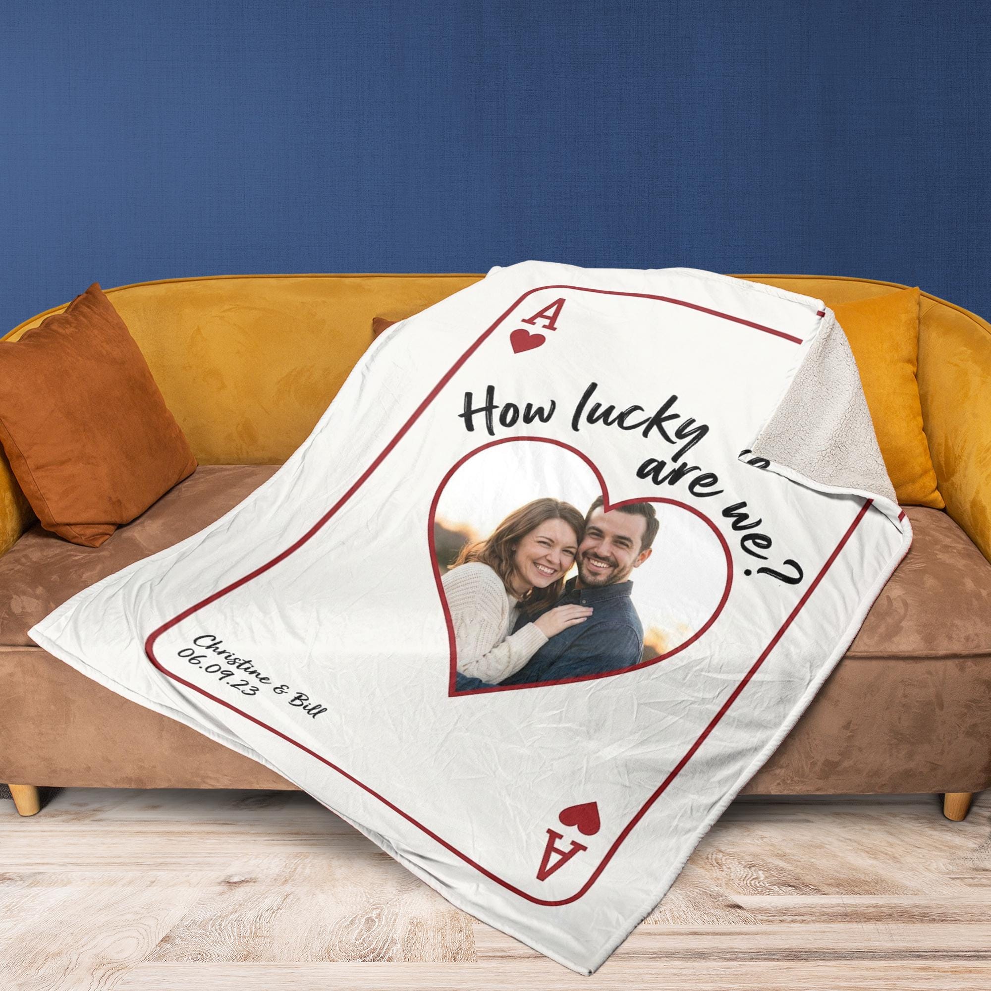 Personalized Fleece Blanket: Playing Card Design with Couple Photo and Date image 2
