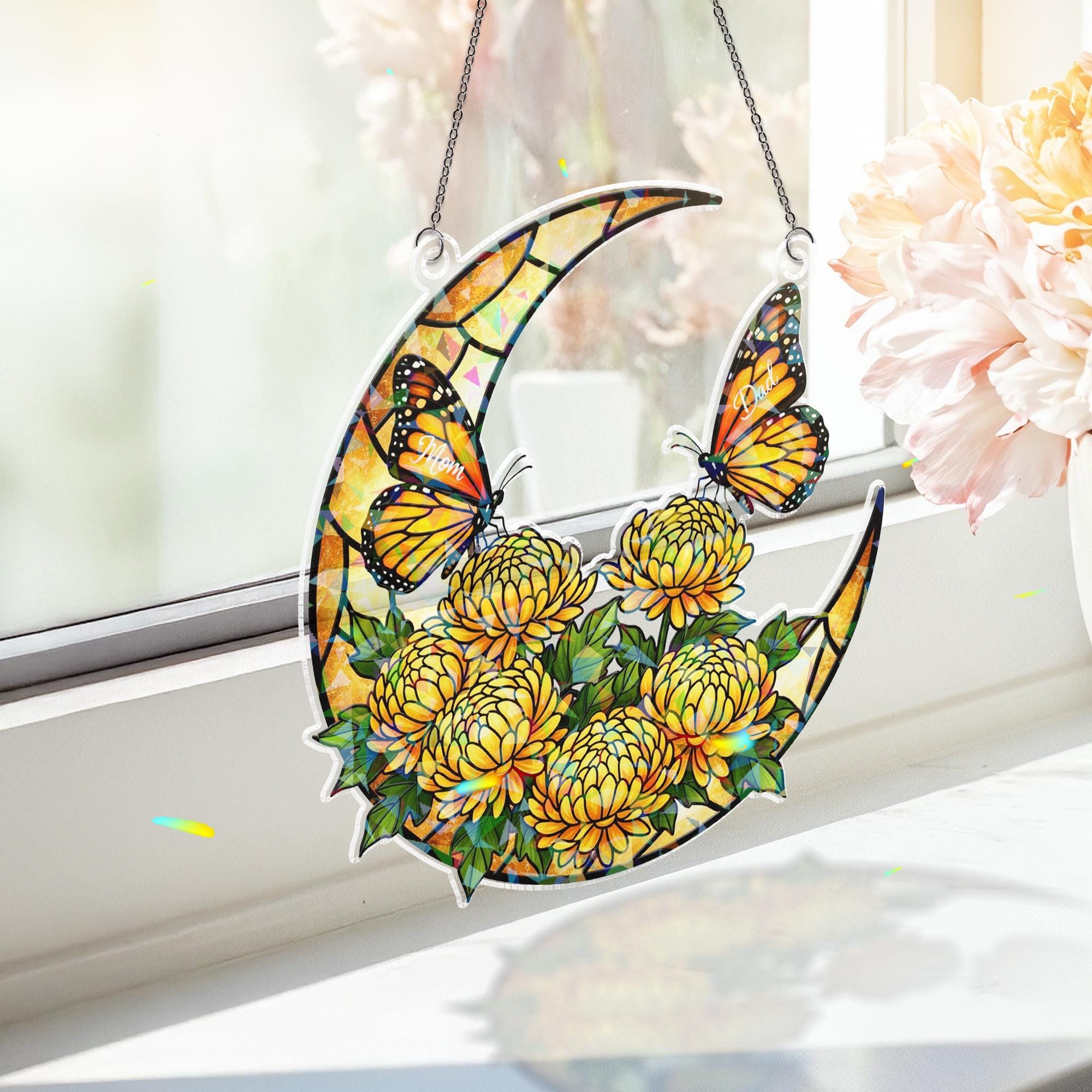 Personalized Acrylic Suncatcher: Crescent Moon with Chrysanthemum and Butterfly Names image 2