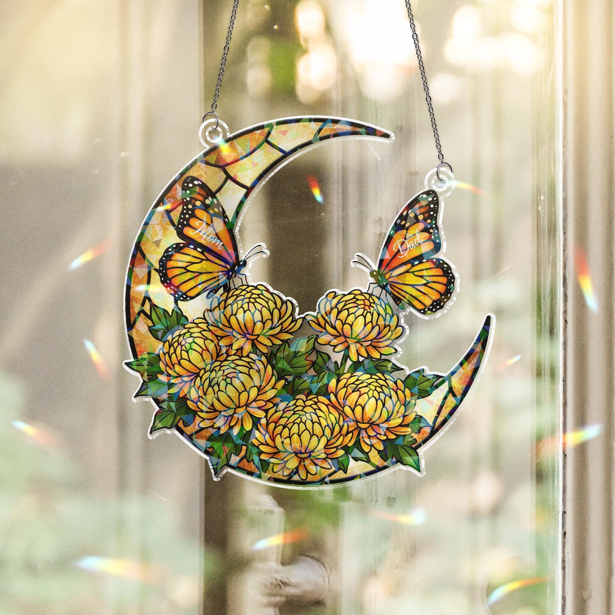 Personalized Acrylic Suncatcher: Crescent Moon with Chrysanthemum and Butterfly Names image 1