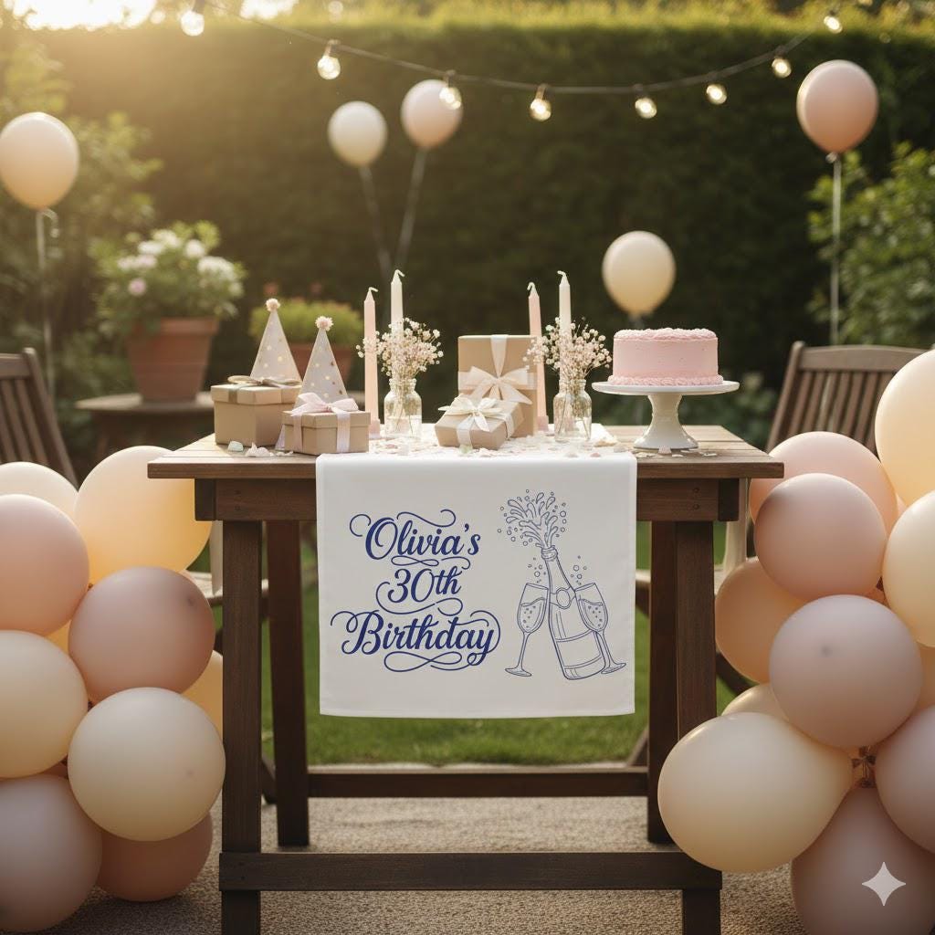 Personalized Table Runner: Birthday Banner with Name, Age, and Champagne Illustration image 3